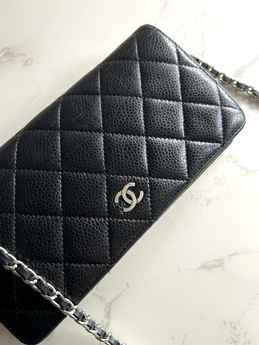 CHANEL Black Caviar Leather Long Wallet / Chain Side Bag / Crossbody Bag WOC