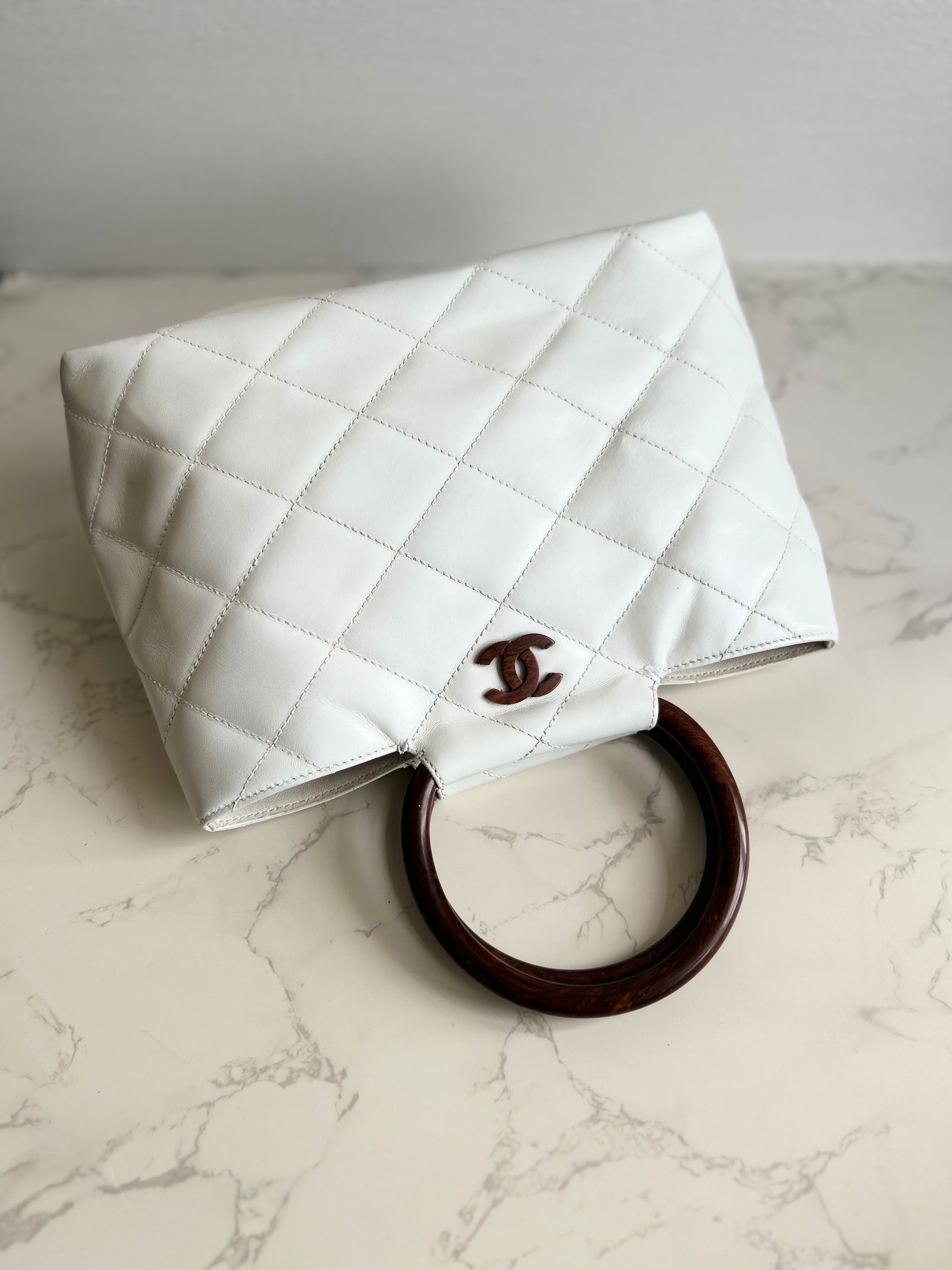 CHANEL rare white wood handle leather small tote bag / handbag