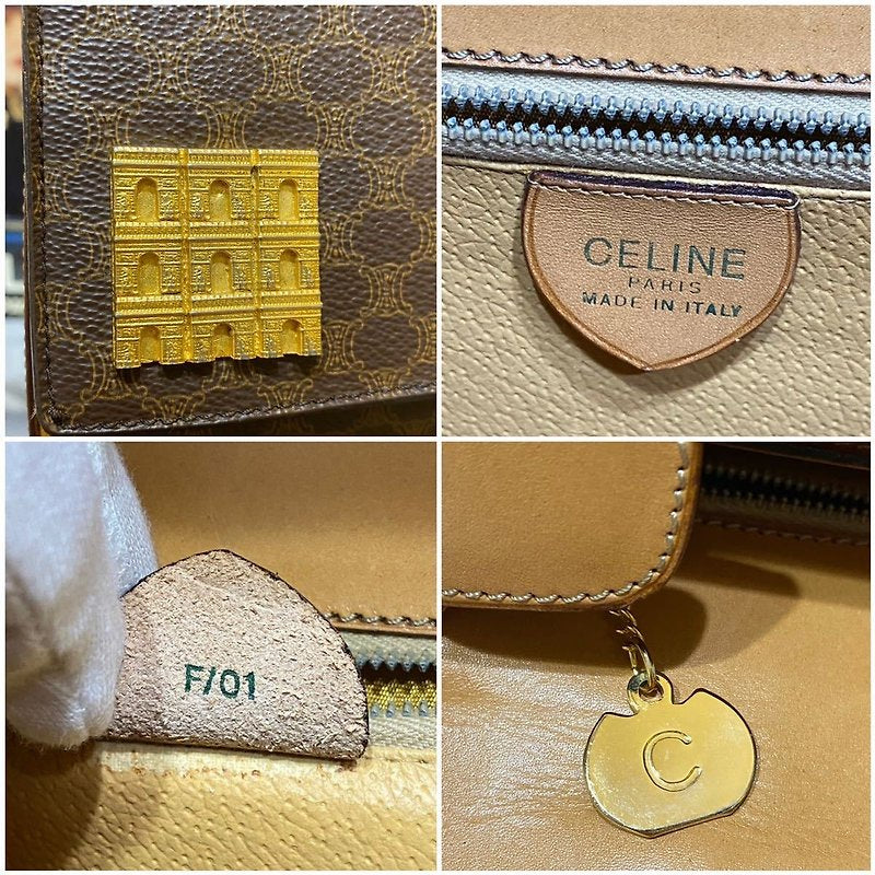 CELINE rare multi-Arc de Triomphe coffee color old flower gold buckle Kelly leather flap handbag