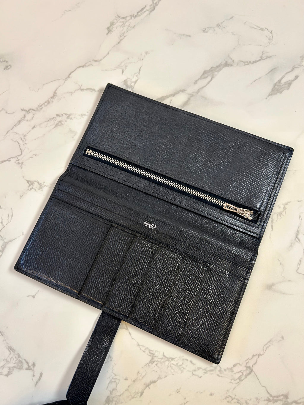 HERMES Bearn 黑色銀扣羊皮皮革長夾/錢包