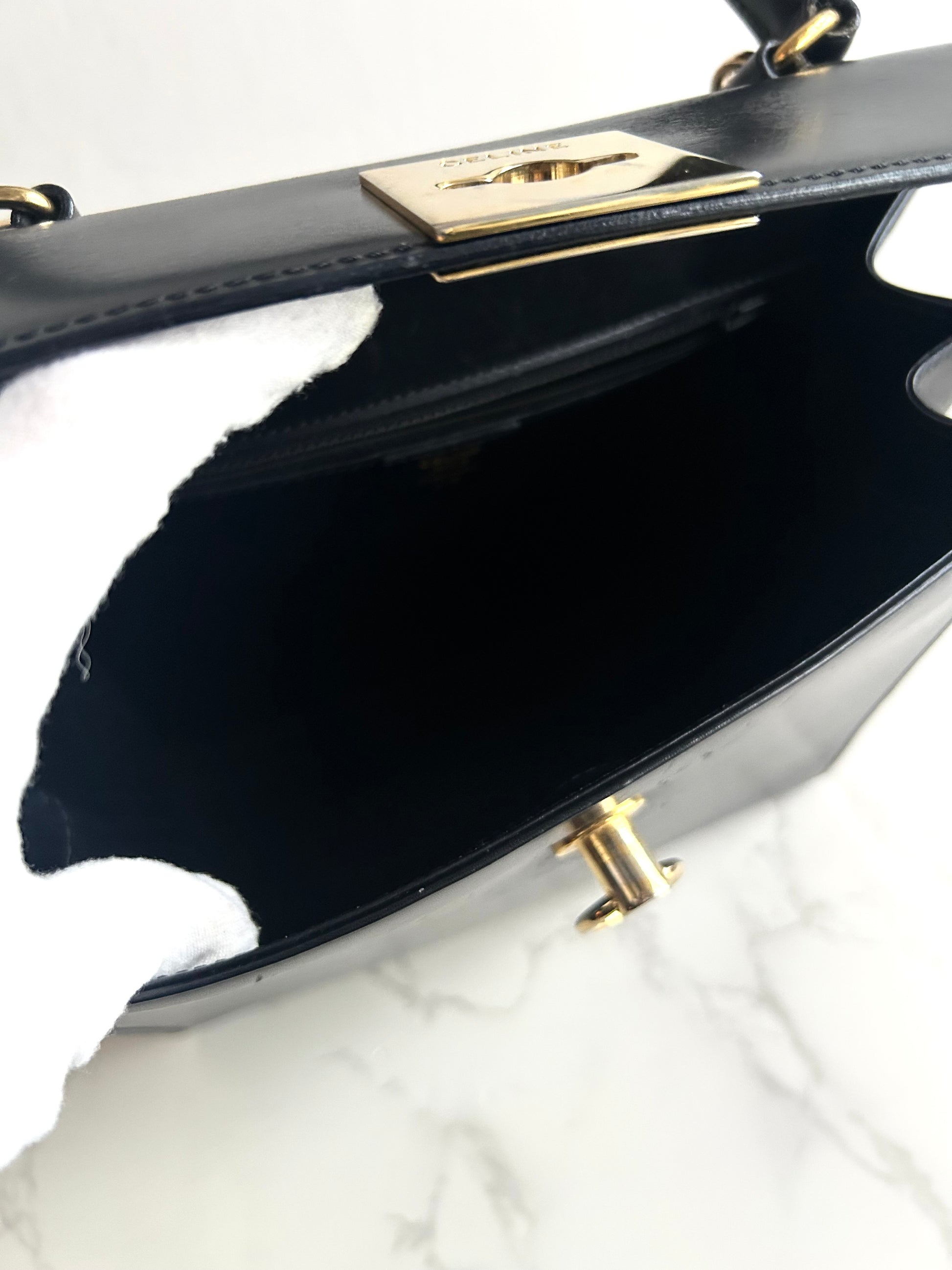 Celine 小號黑金Two-way凱莉包 皮斜背包 側背包 手提包