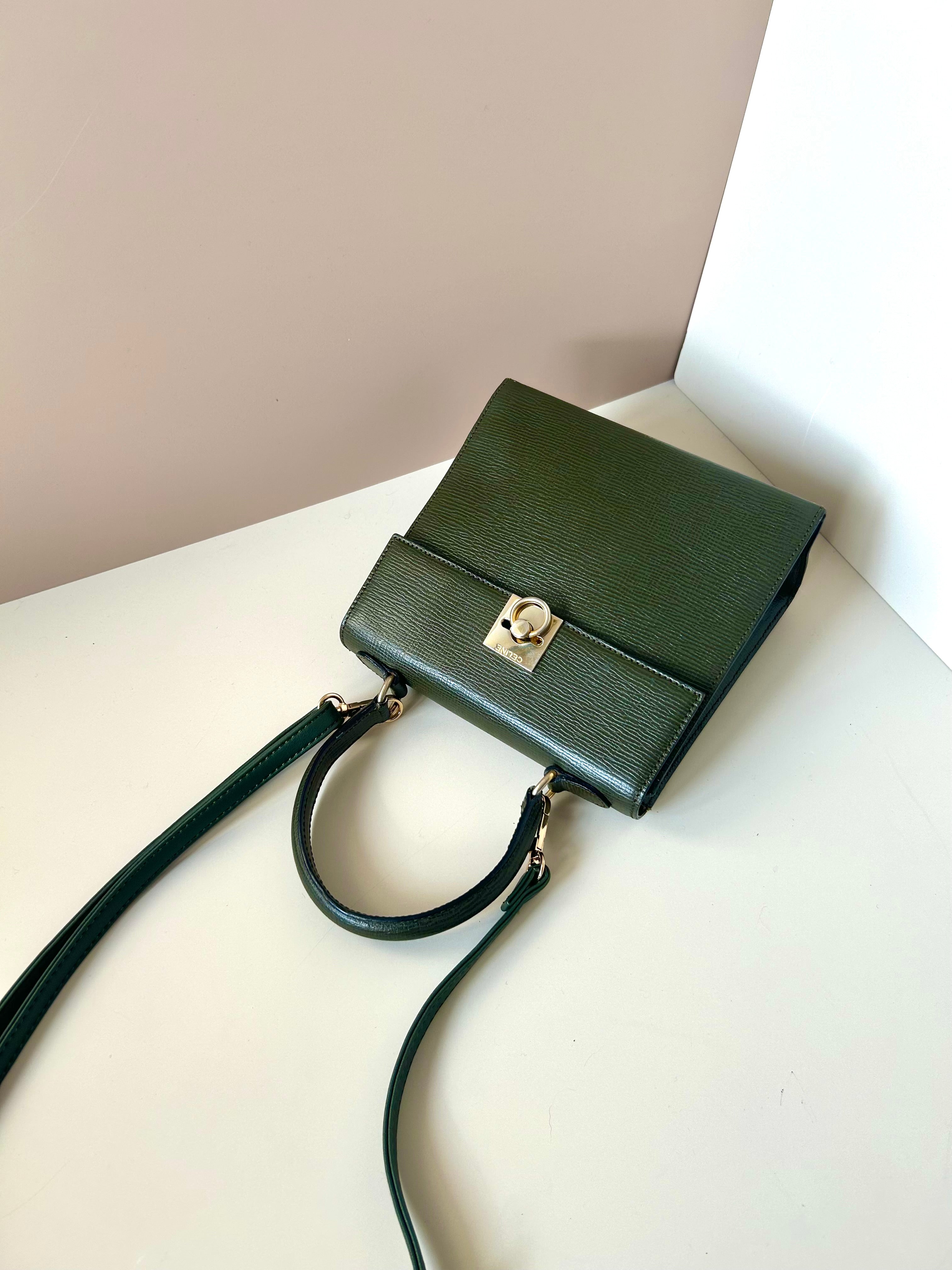 CELINE rare olive green gold buckle leather mini Kelly handbag/side bag/crossbody bag