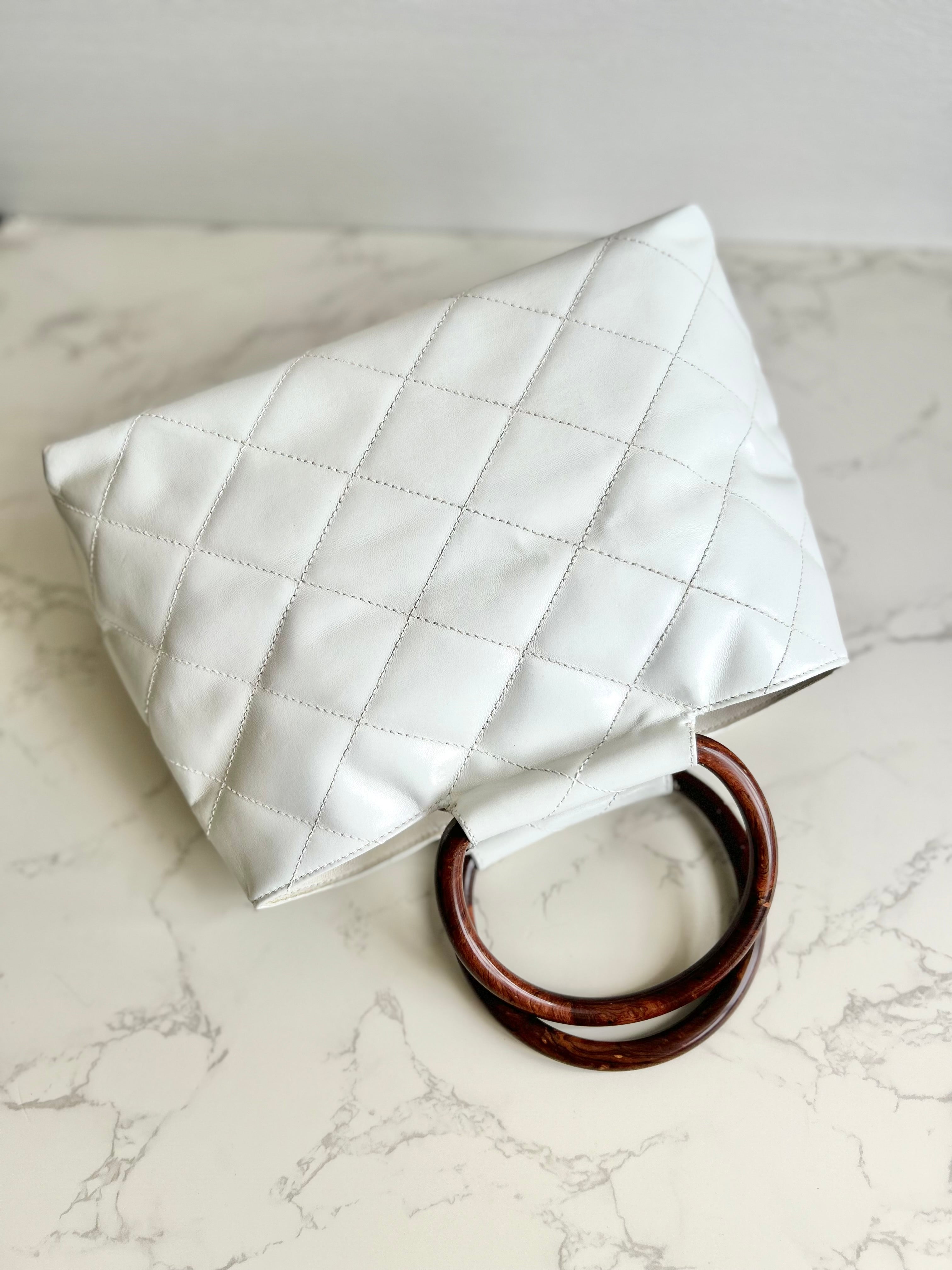 CHANEL rare white wood handle leather small tote bag / handbag
