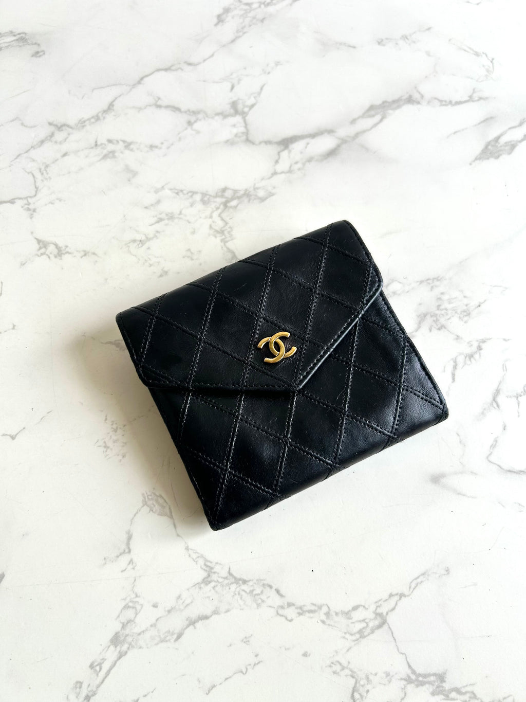 Chanel黑金色雙面小羊皮革短夾 皮夾 錢包
