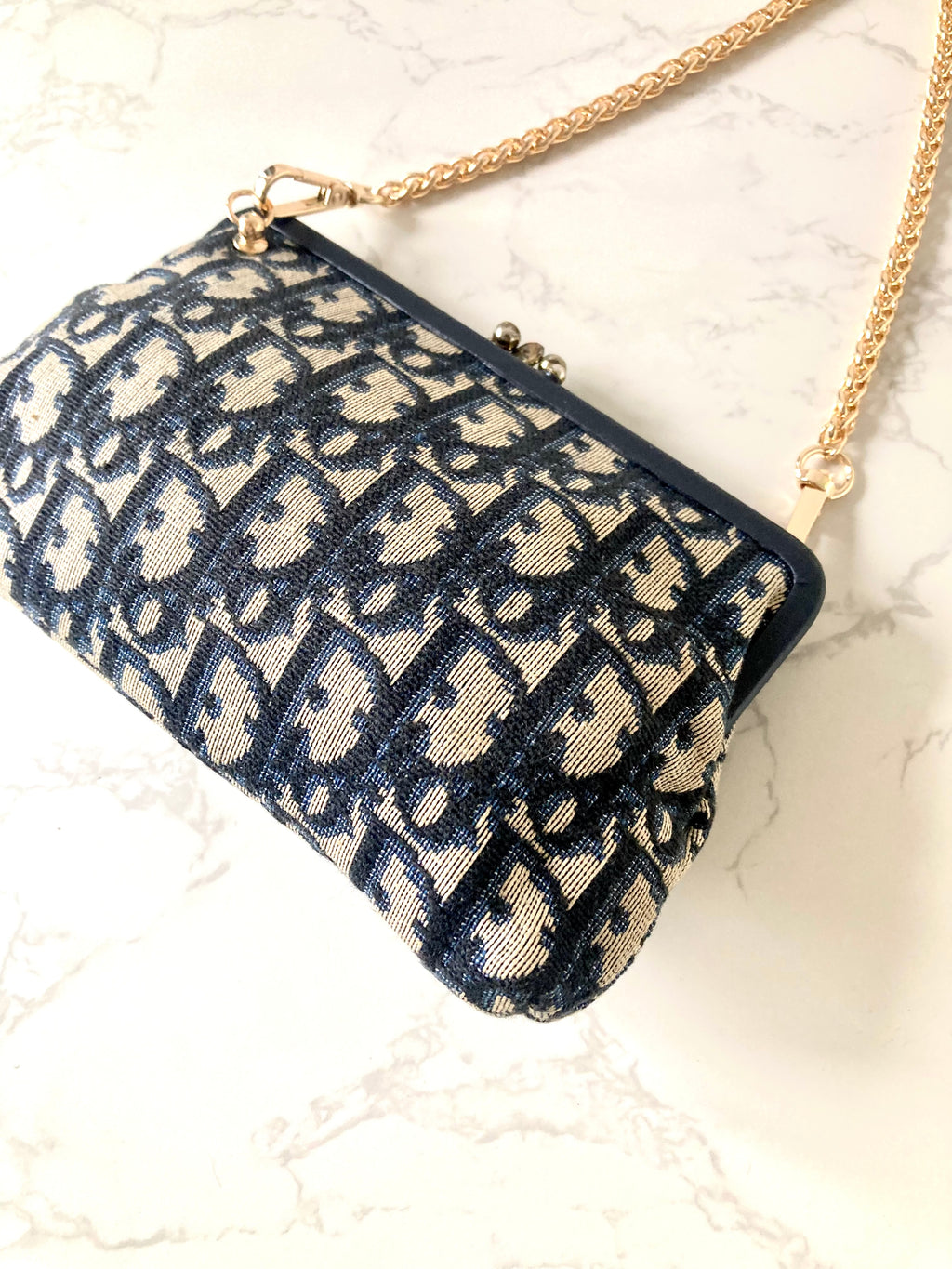 CHRISTIAN DIOR Navy Trotter x Beige Mini Two-way Crossbody Bag / Clutch