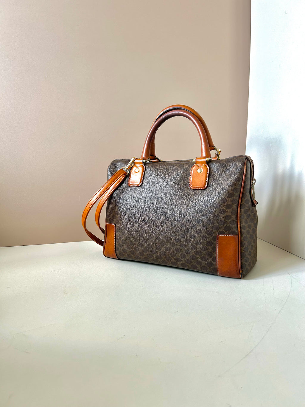 CELINE brown old flower leather Boston bucket bag/handbag/side bag/crossbody bag