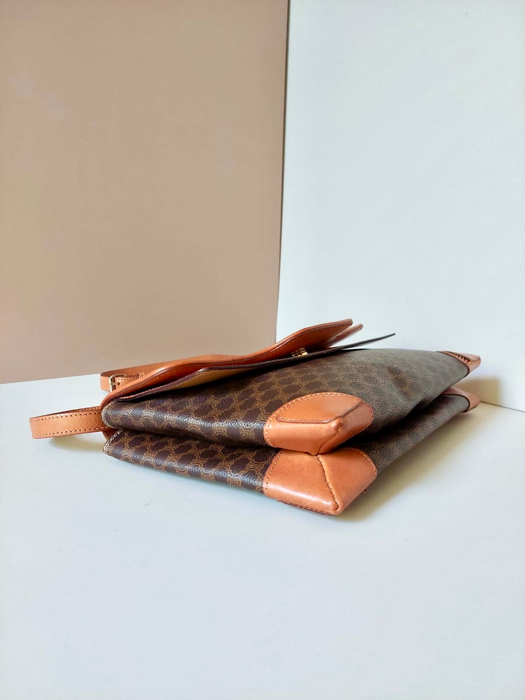 CELINE rare brown old flower leather messenger bag / side bag / oblique bag
