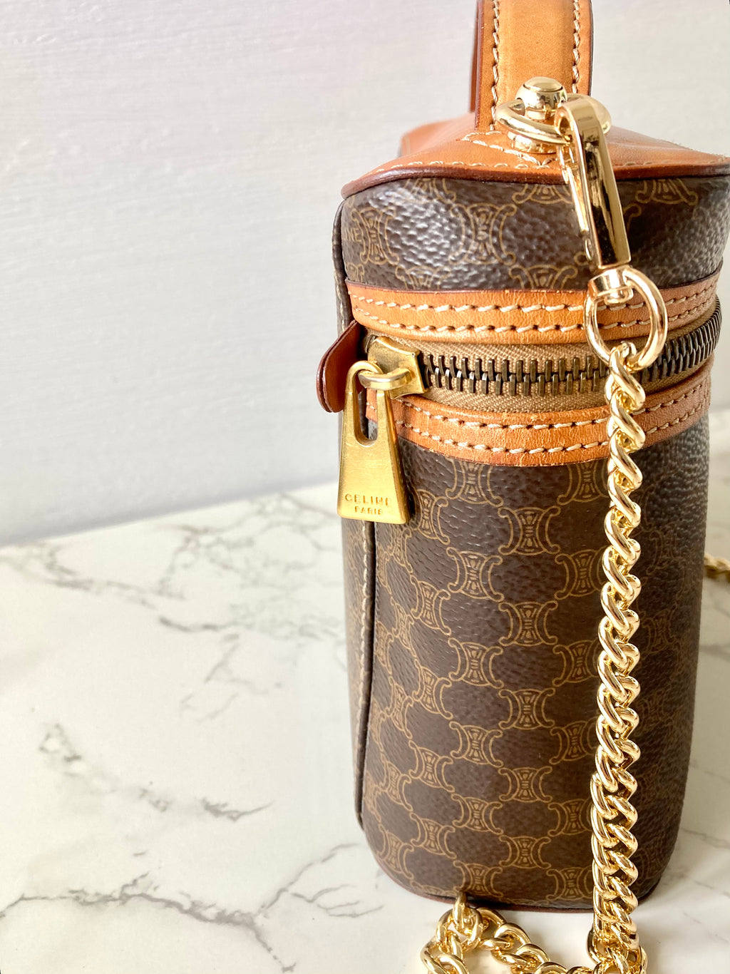 CELINE Brown Monogram Vanity Case / Crossbody Chain Bag