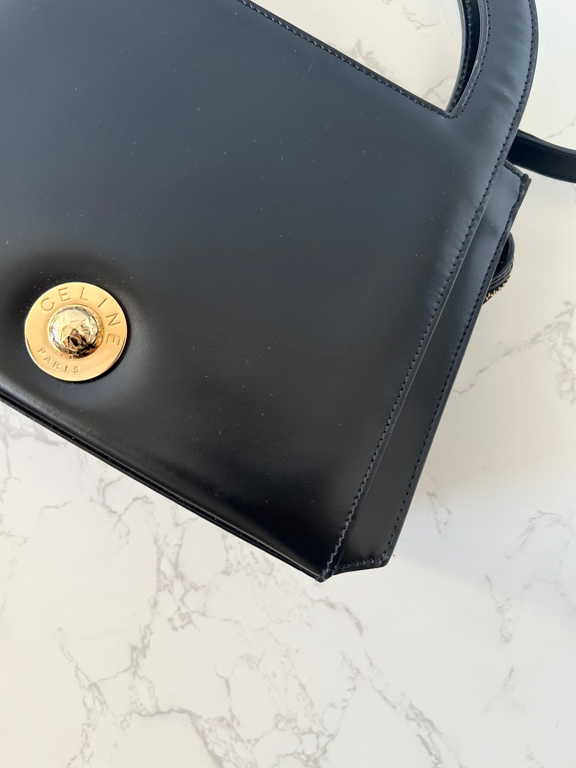 CELINE Rare Planet Black Gold Leather Kelly Handbag/Side Bag/Messenger Bag