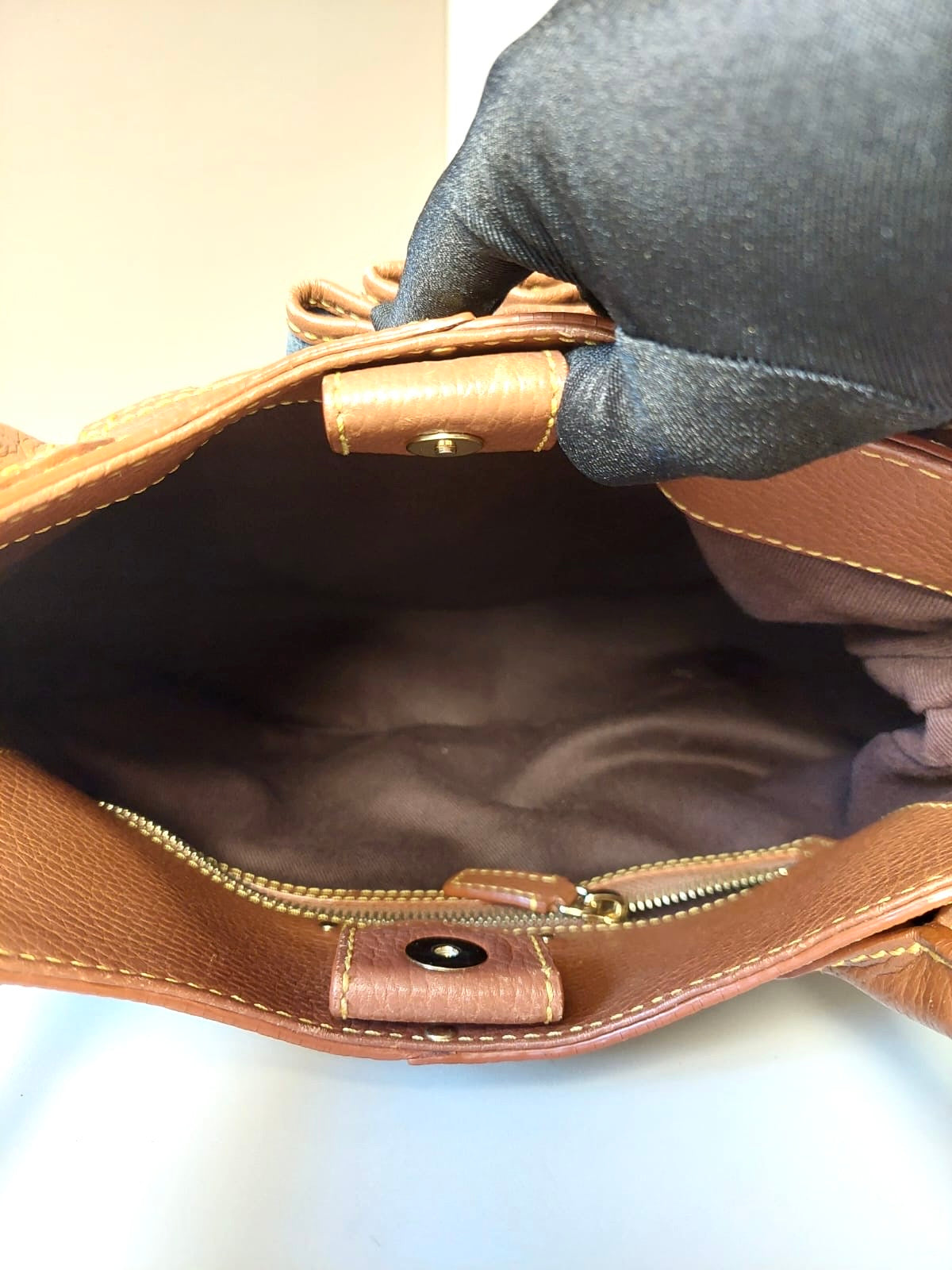 CELINE rare denim blue old flower leather small bag / side backpack / underarm bag