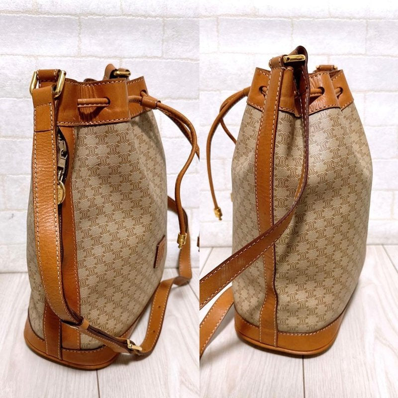 Celine米啡色老花中古水桶包/單肩包/斜背包