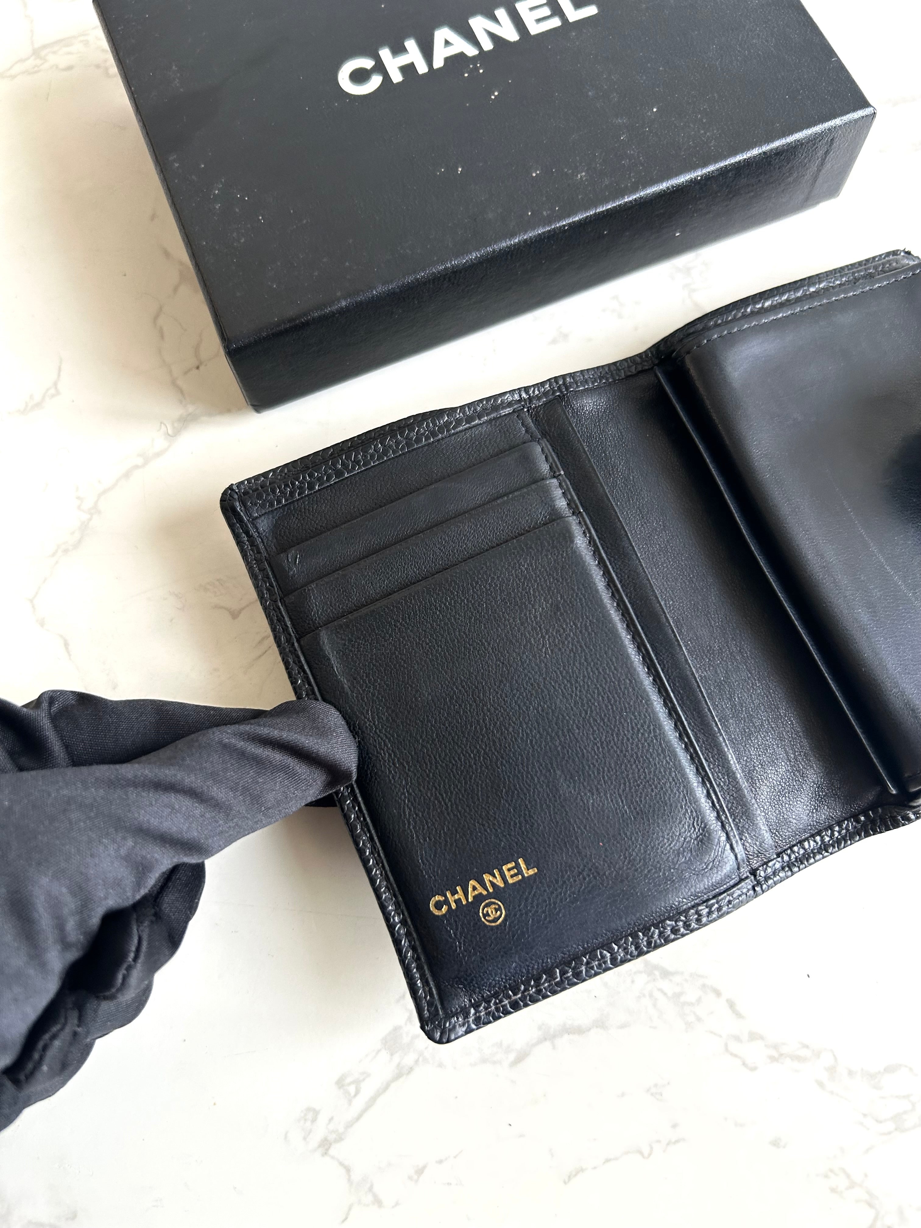 Chanel黑色魚子醬皮革中夾 皮夾 錢包 短夾 中古包