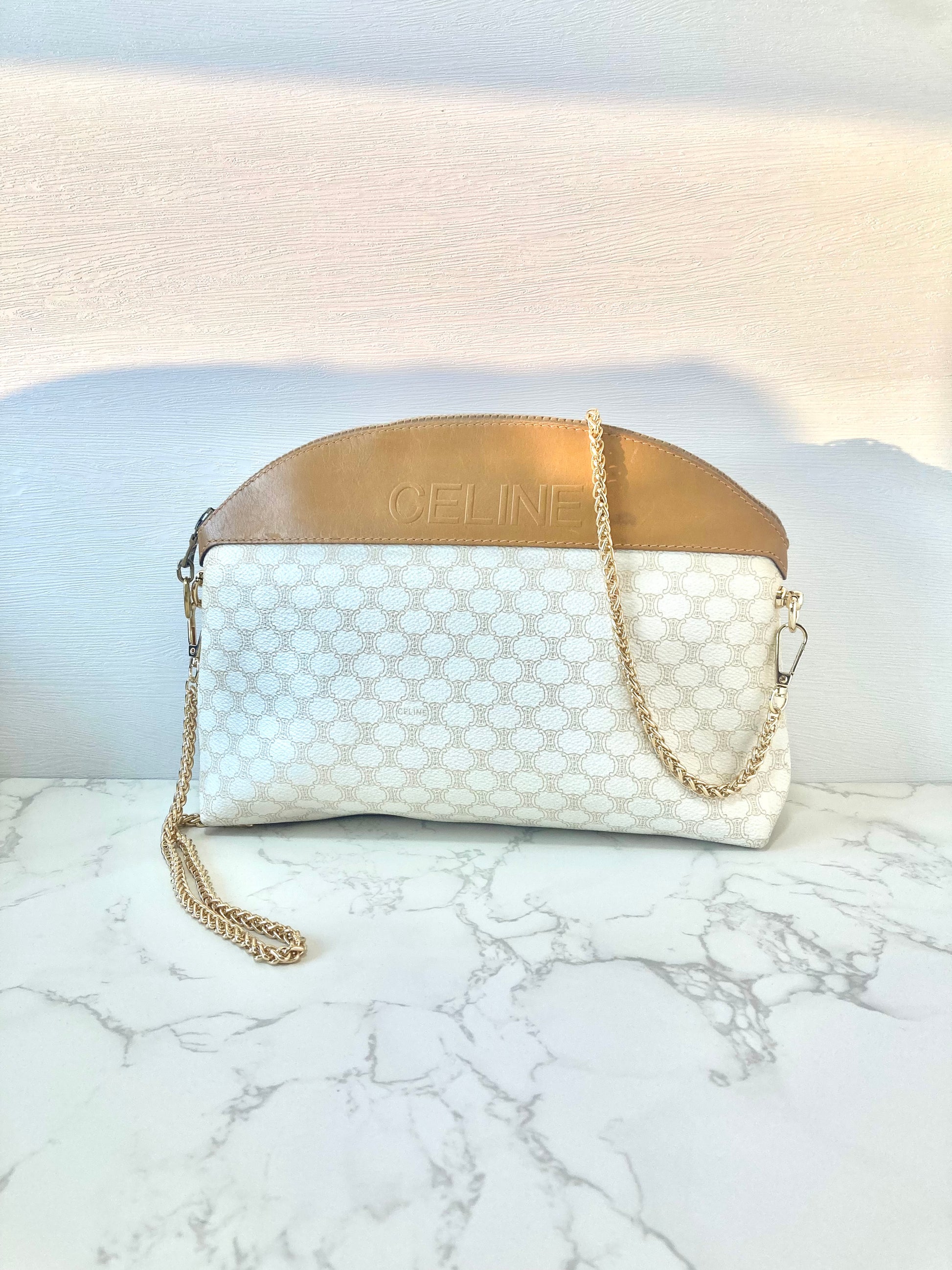 CELINE Rare White Monogram Half Moon Pouch Chain Bag (Add-on)
