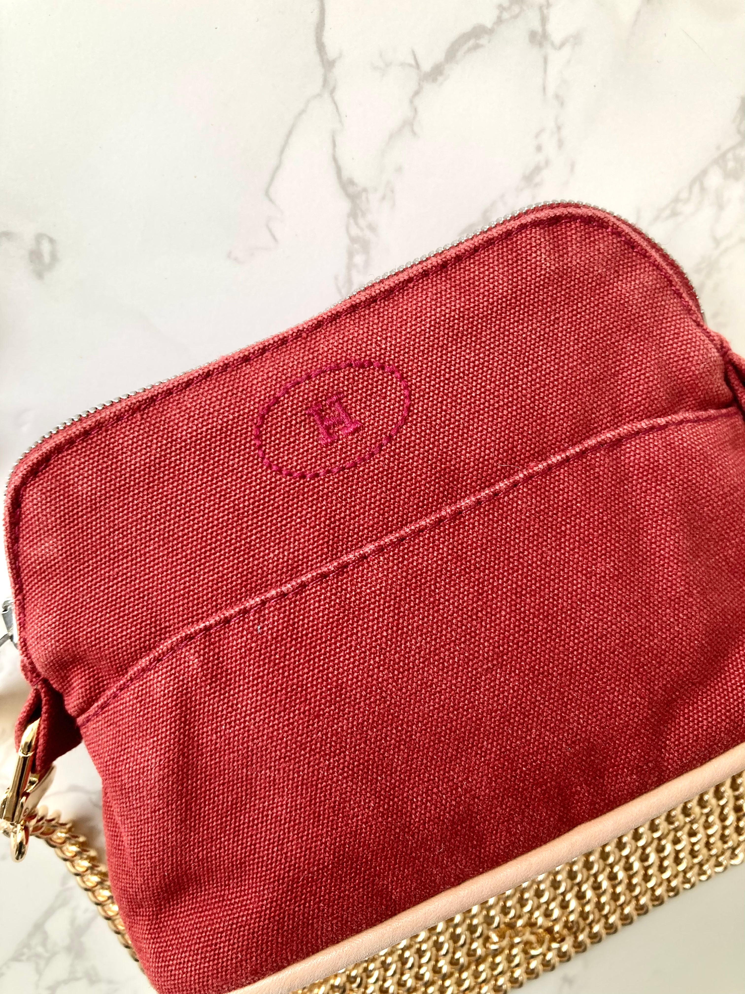 HERMES light red canvas leather with chain small bag/clutch bag/side bag/underarm bag