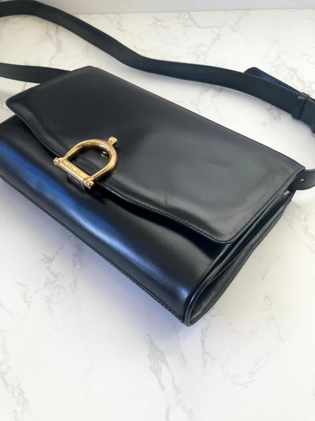 CELINE Black x Gold Horseshoe Shoulder / Crossbody Bag