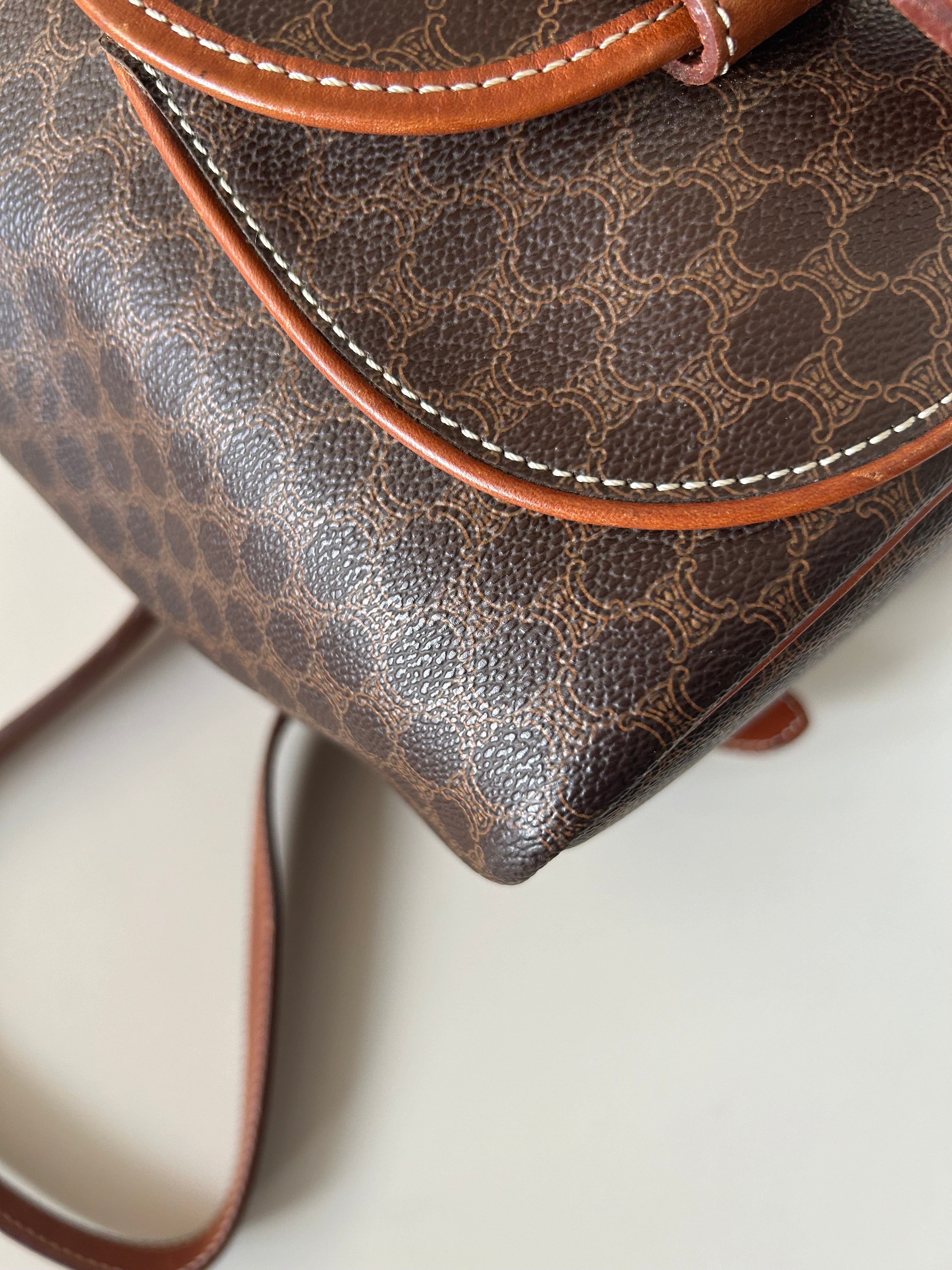CELINE rare replica coffee color old flower gold buckle backpack / shoulder bag