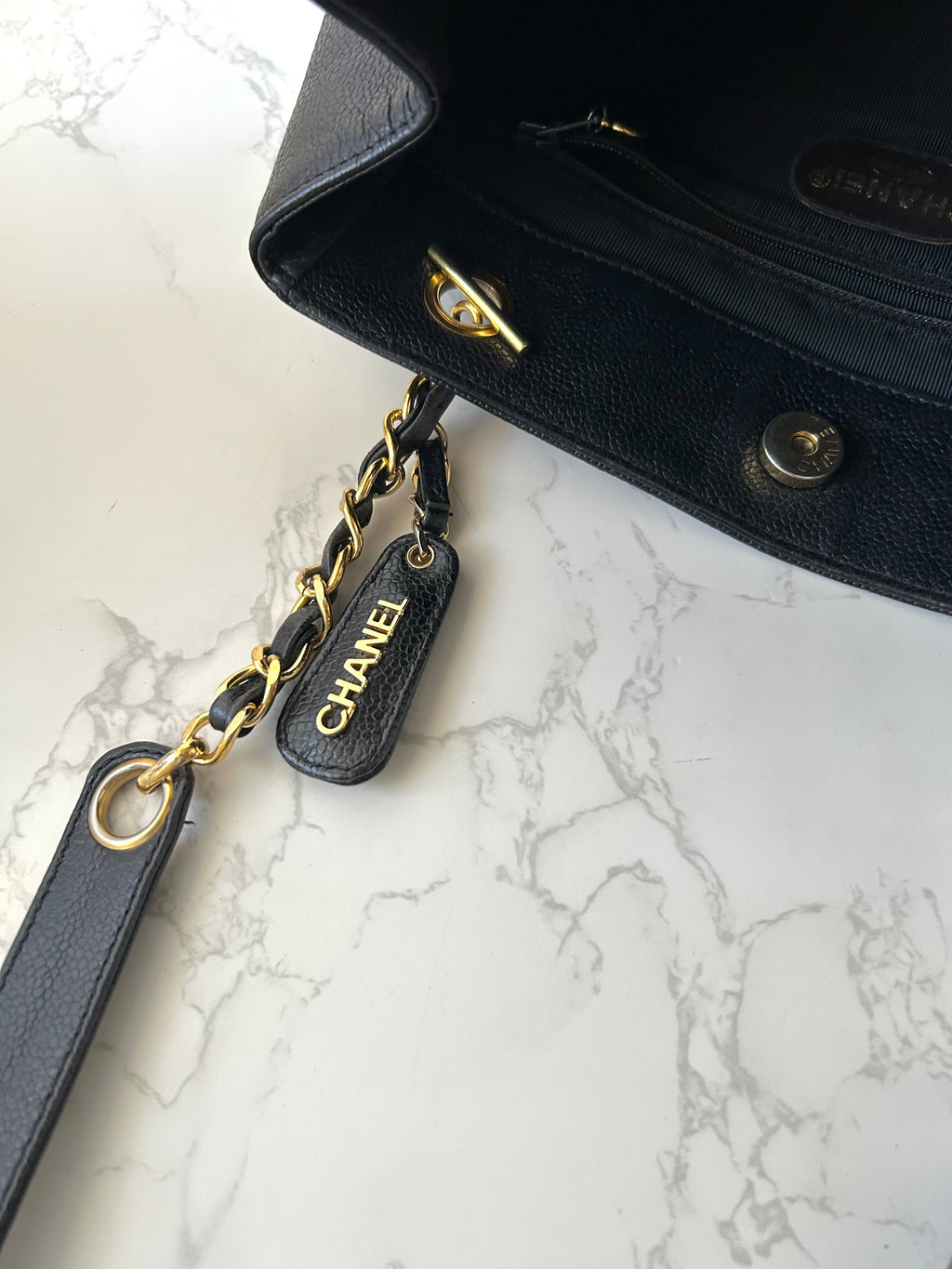 CHANEL black caviar leather chain tote bag / side bag
