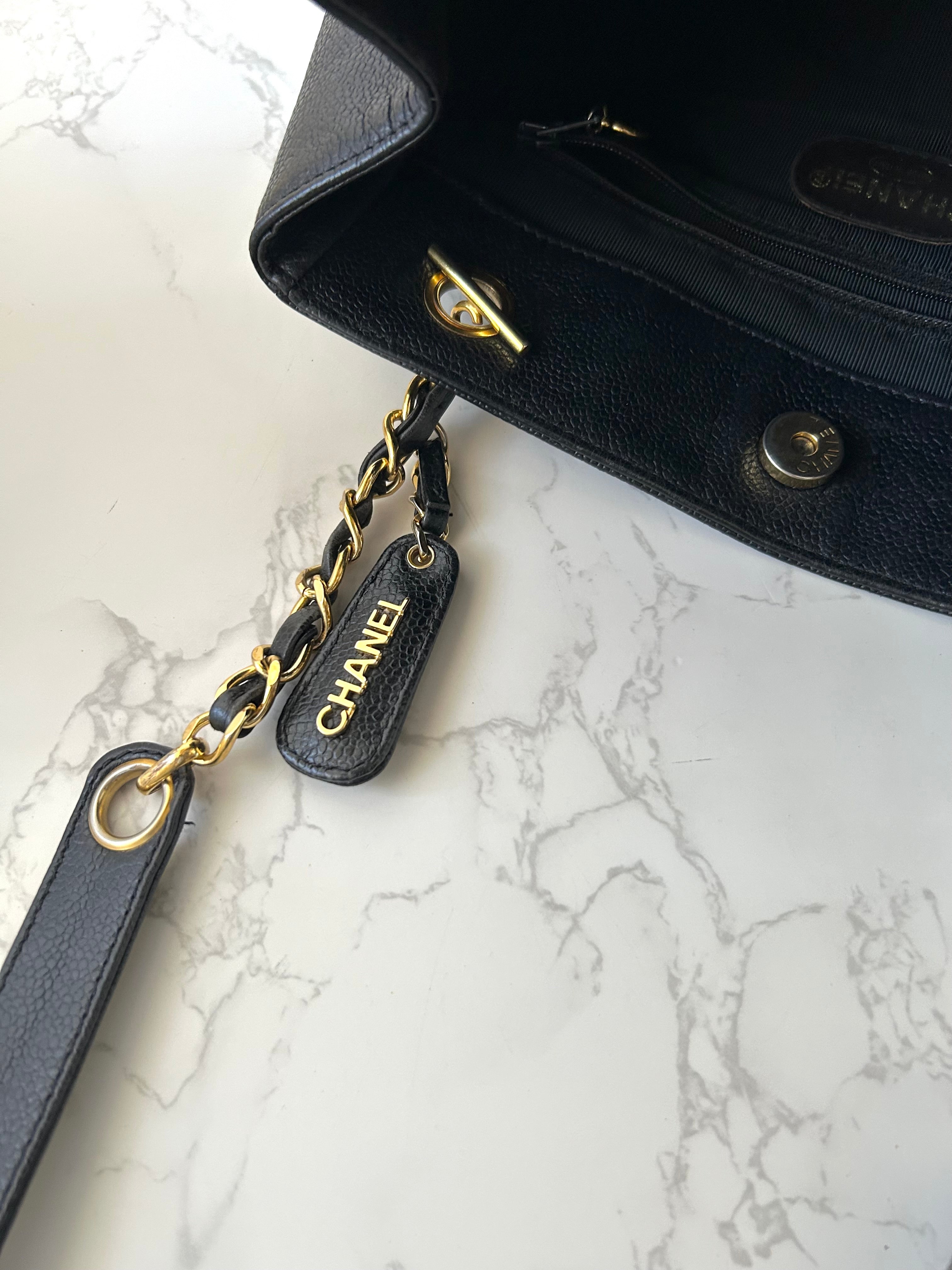 CHANEL black caviar leather chain tote bag / side bag