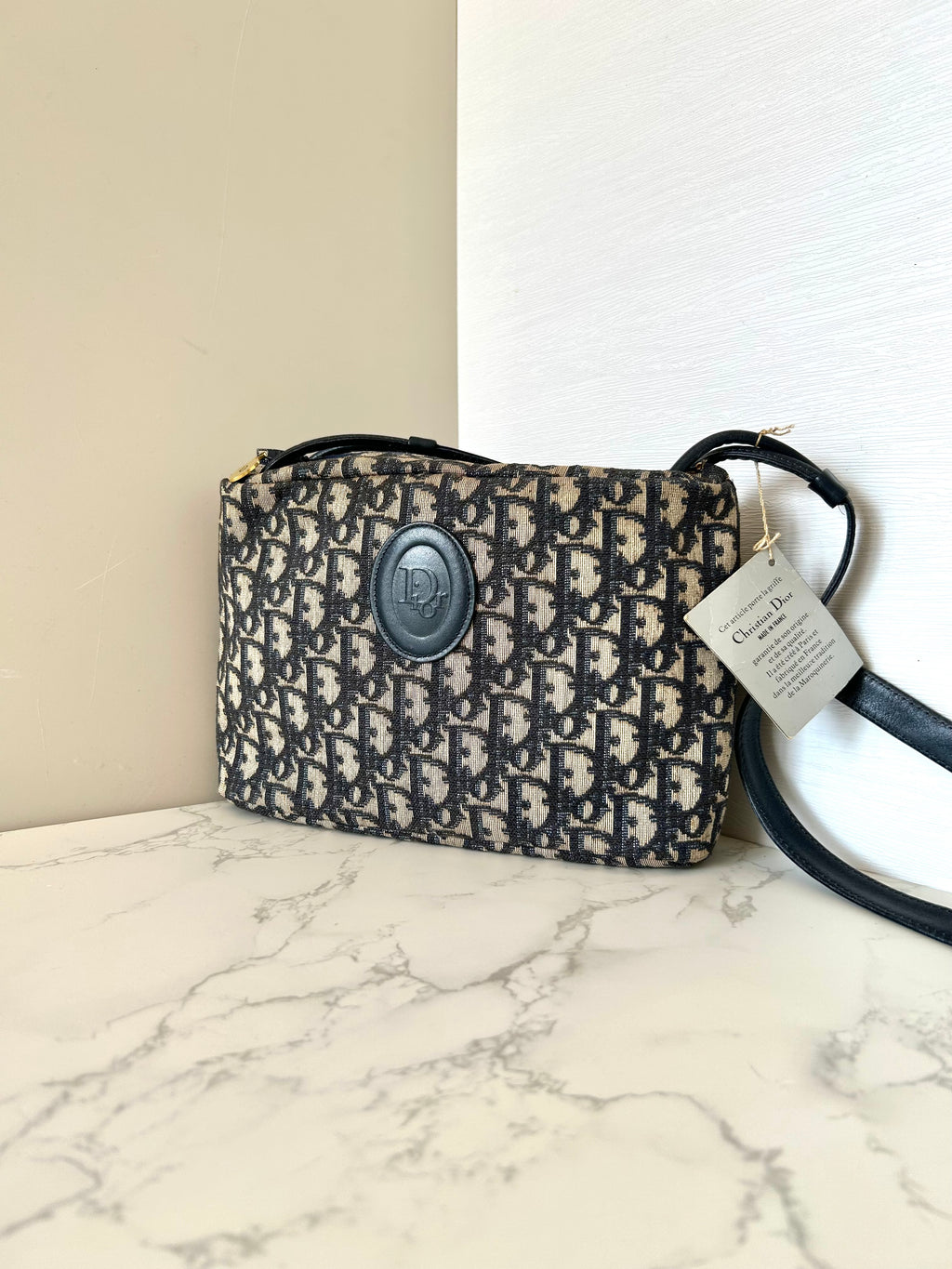 CHRISTIAN DIOR 稀有深藍色黑老花豆腐側背包