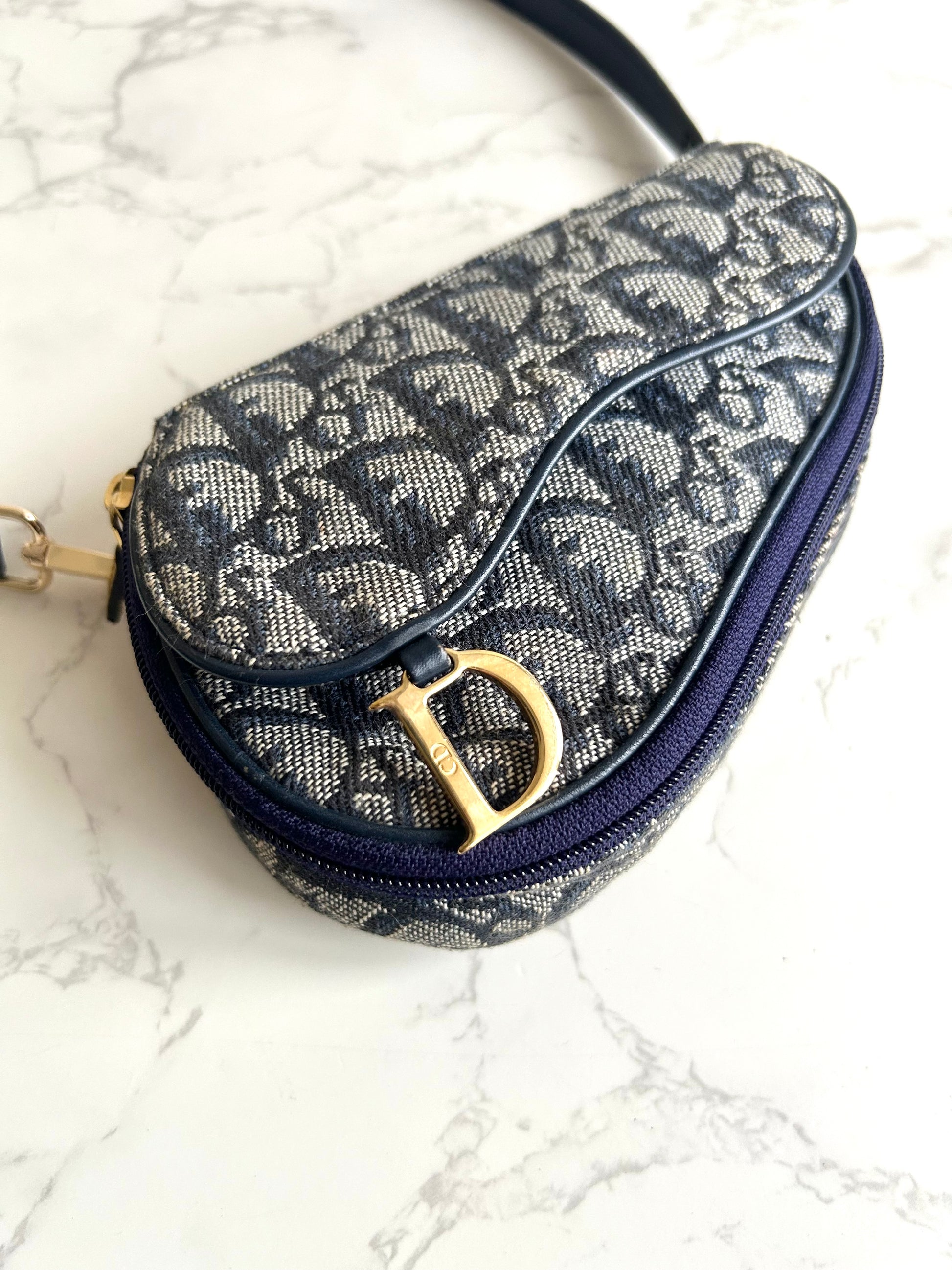 稀有中古Dior深藍老花馬鞍包 側背包 斜背包