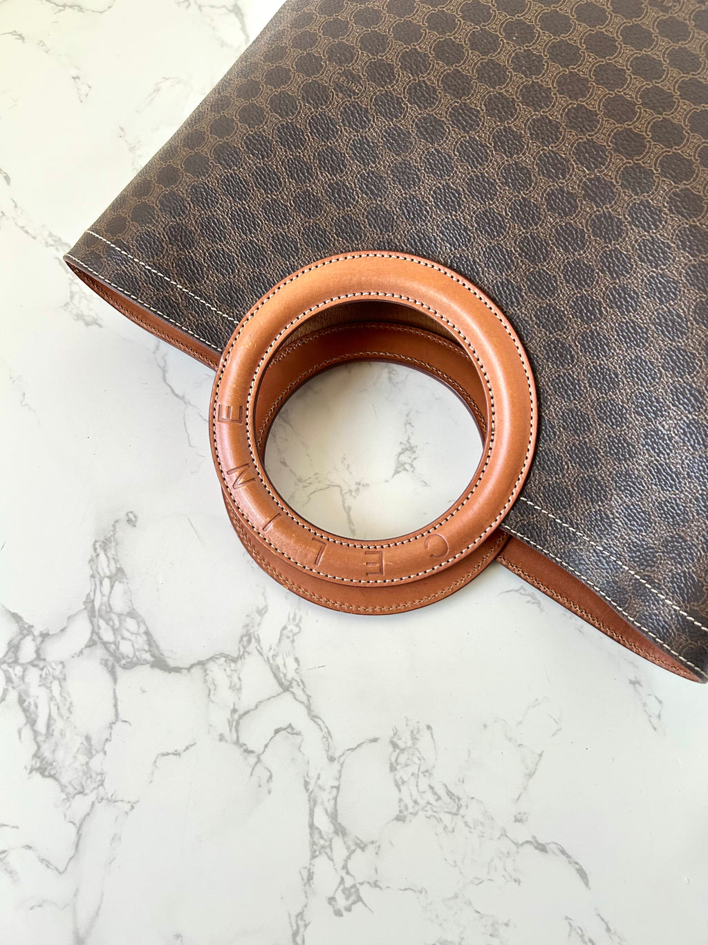CELINE rare large leather ring coffee color old flower tote bag / handbag