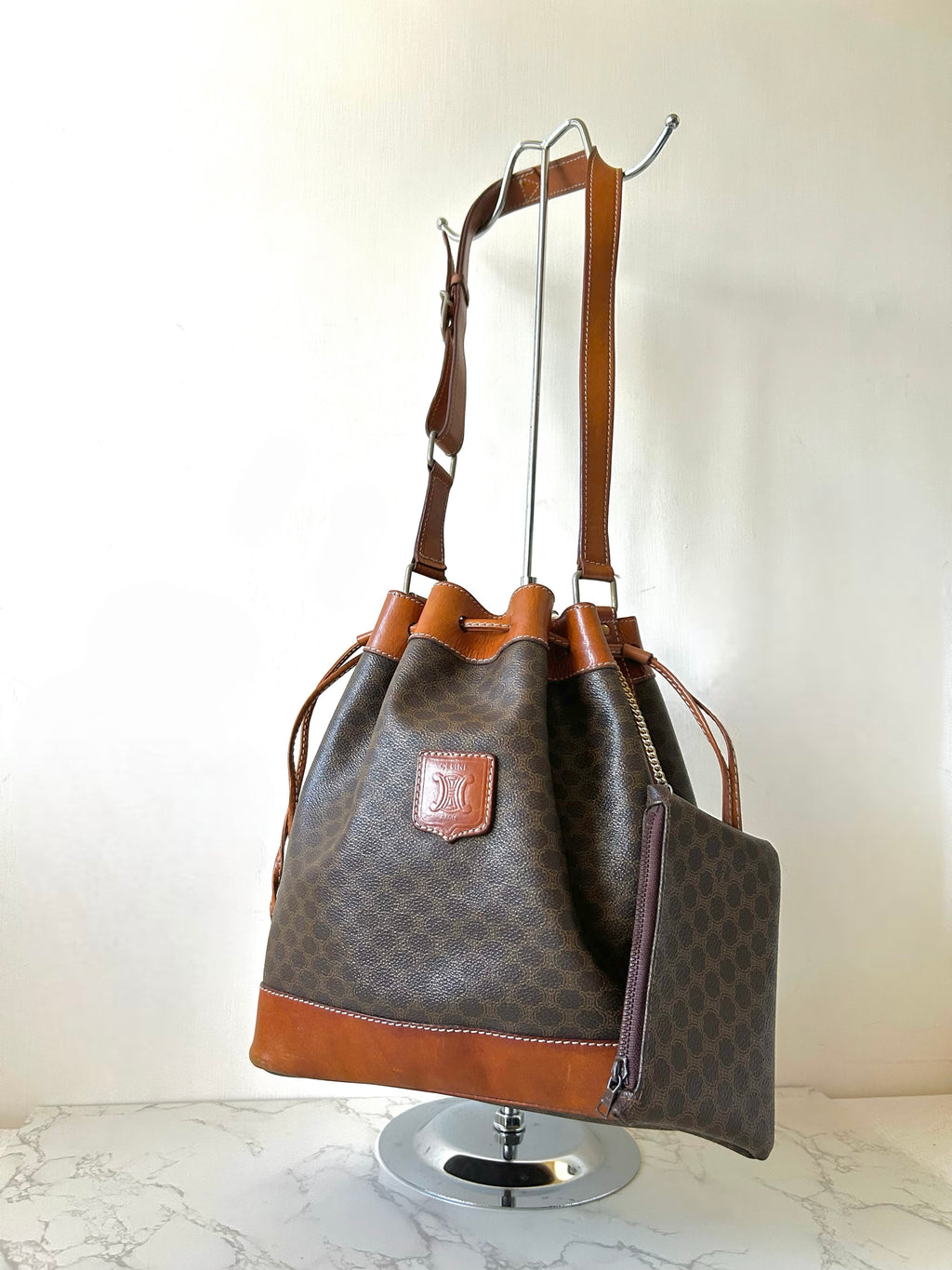 CELINE Brown Old Flower Leather Drawstring Bucket Bag / Side Bag
