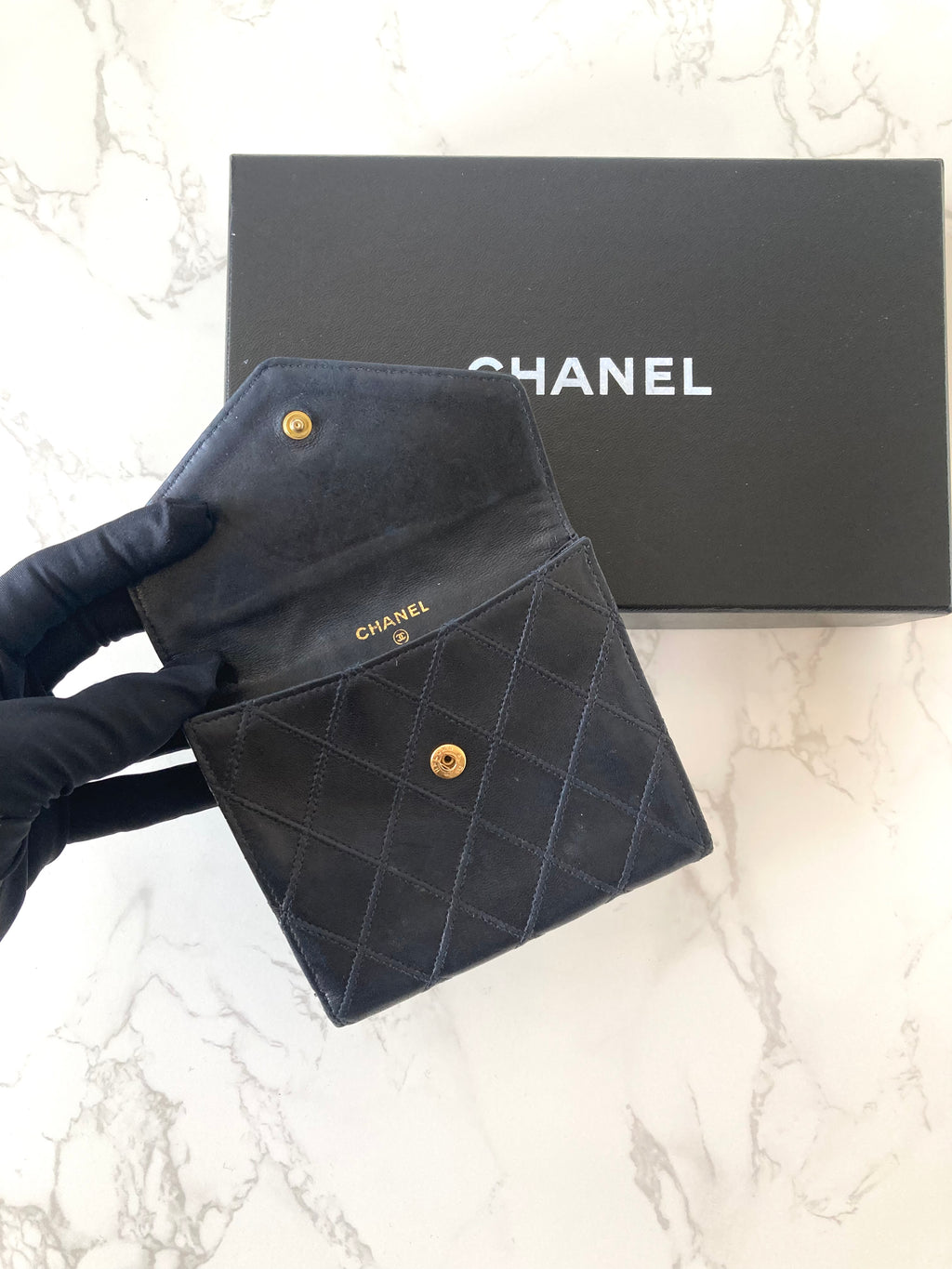 CHANEL Black x Gold Lamb Leather Compact Wallet
