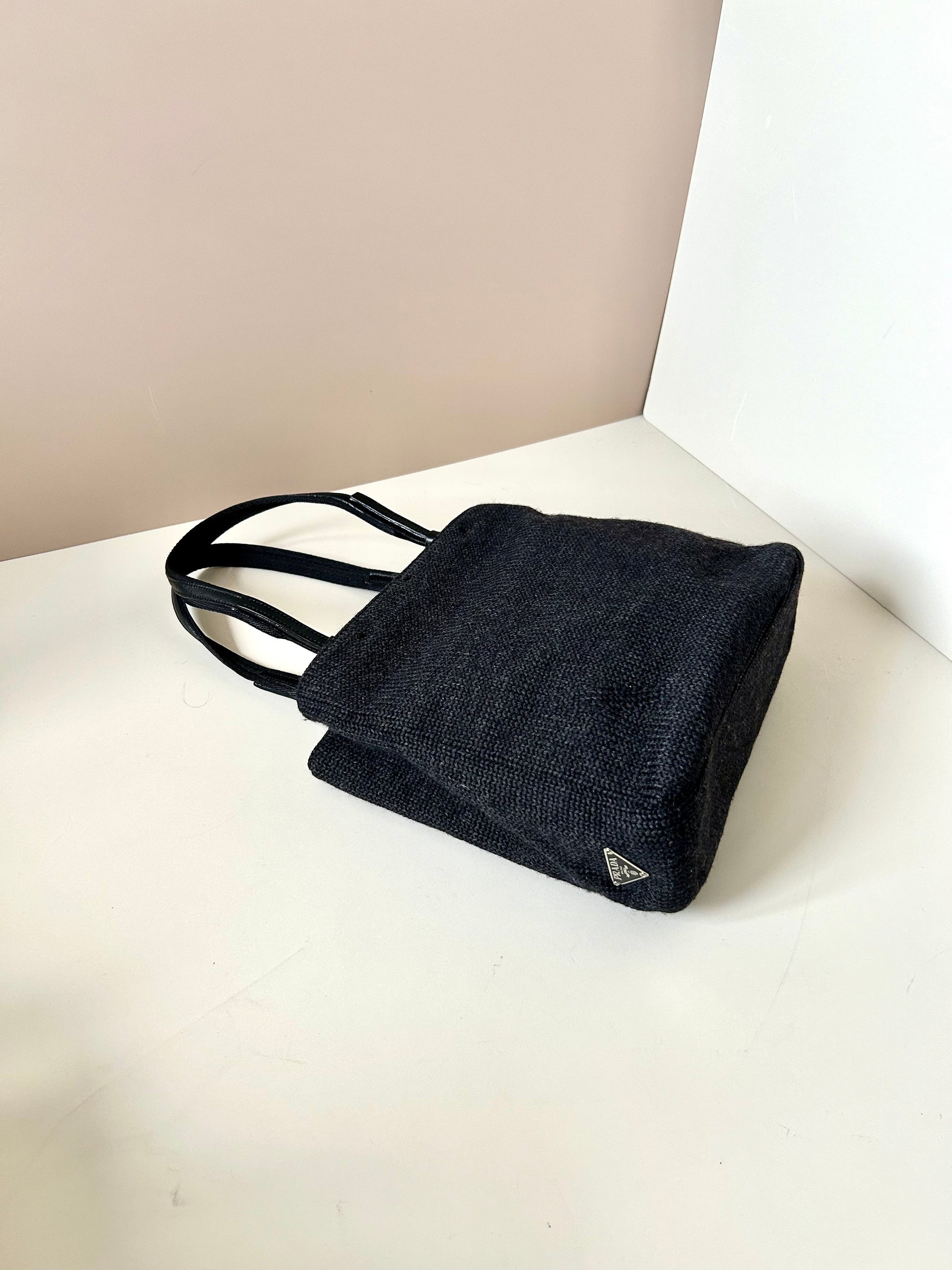PRADA rare black woven small tote bag/shoulder bag/side backpack