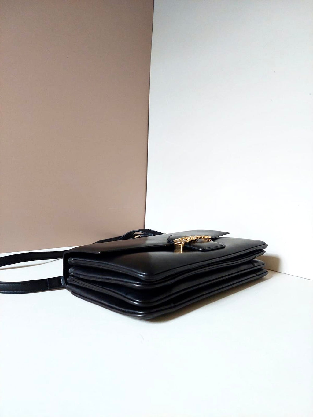 CELINE rare planet engraved twisted gold buckle leather small Kelly handbag/side bag/crossbody bag