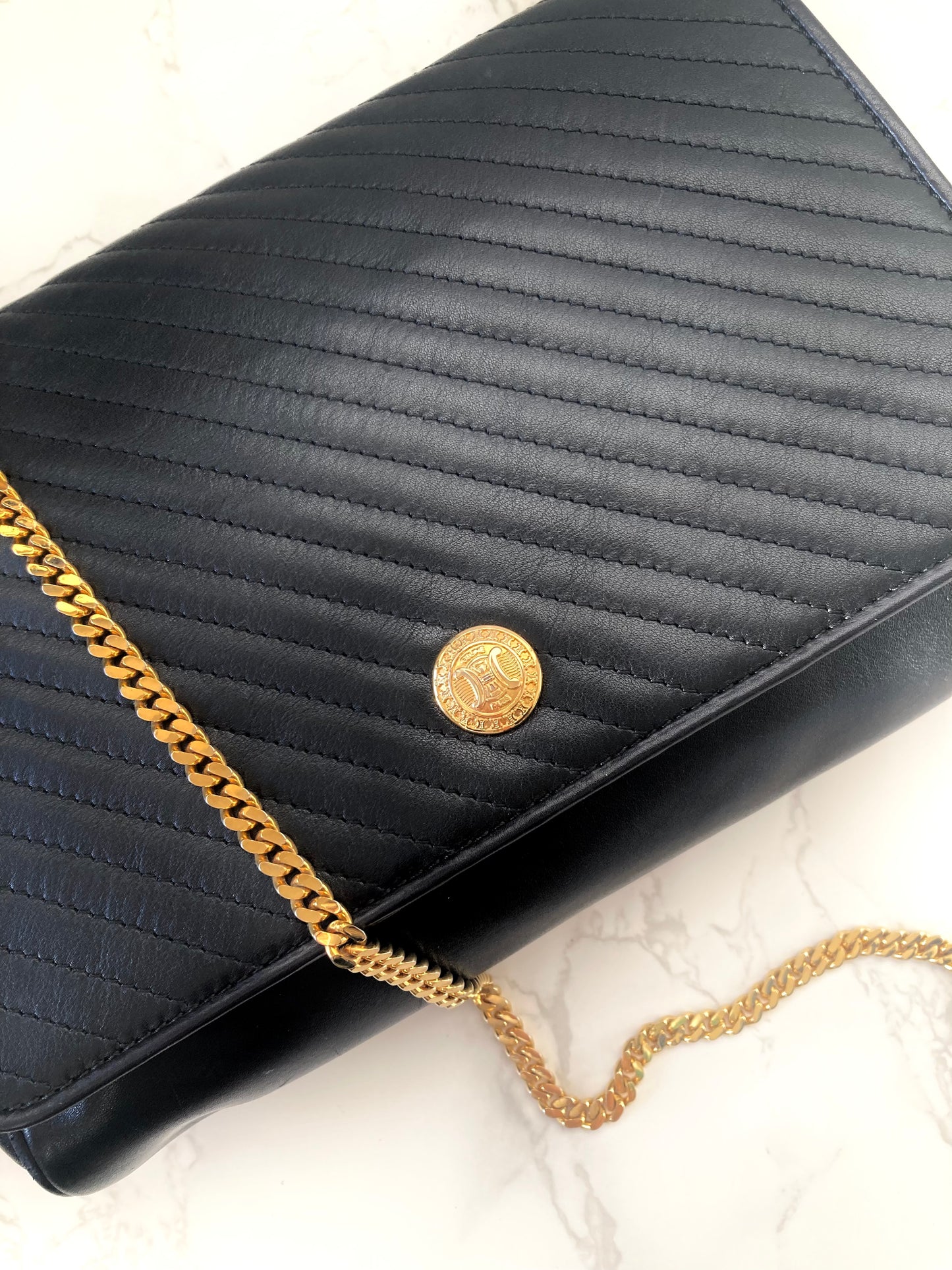 CELINE Rare Triomphe Gold Coin Black Leather Chain Crossbody Bag