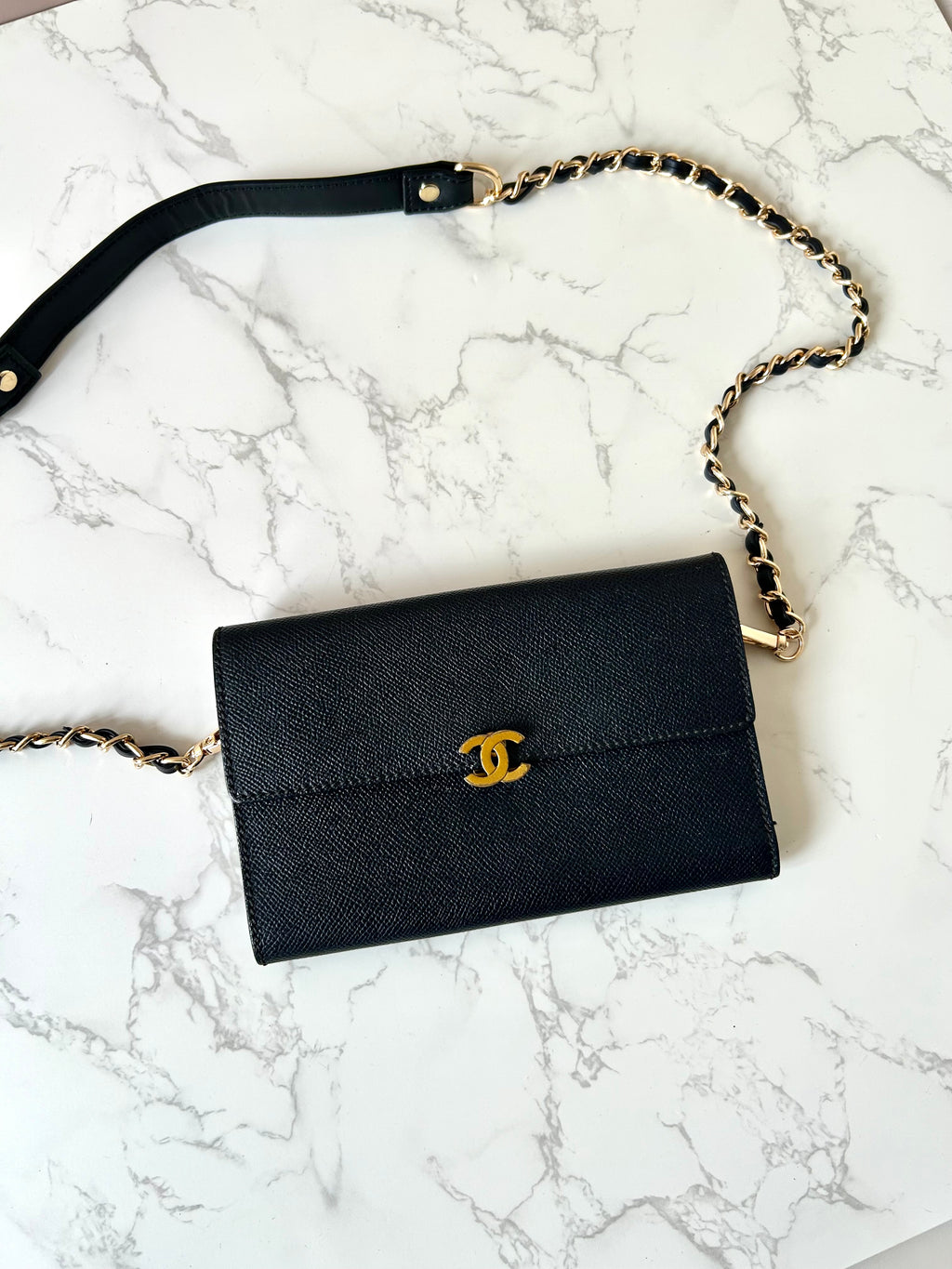 CHANEL Black Gold Caviar Leather Side Bag/Messenger Bag/Long Clip/Wallet