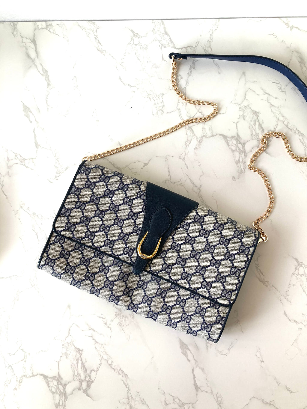 GUCCI Navy Monogram x Gold Horseshoe Two-way Shoulder Bag / Clutch
