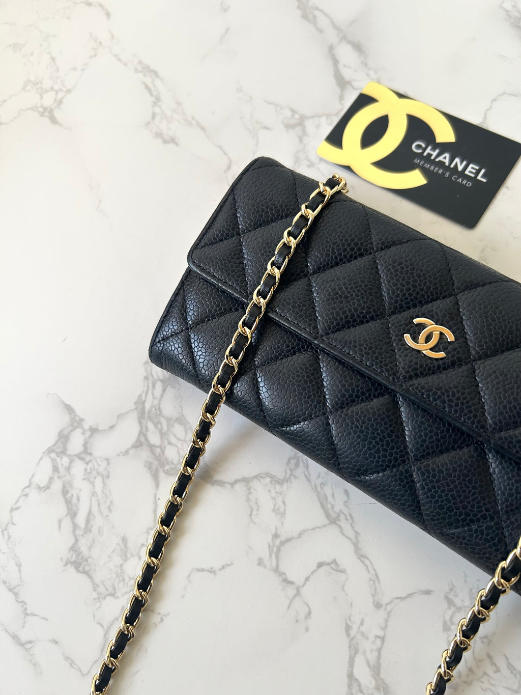 CHANEL Black Gold Caviar Leather WOC Side Bag/Messenger Bag/Long Wallet