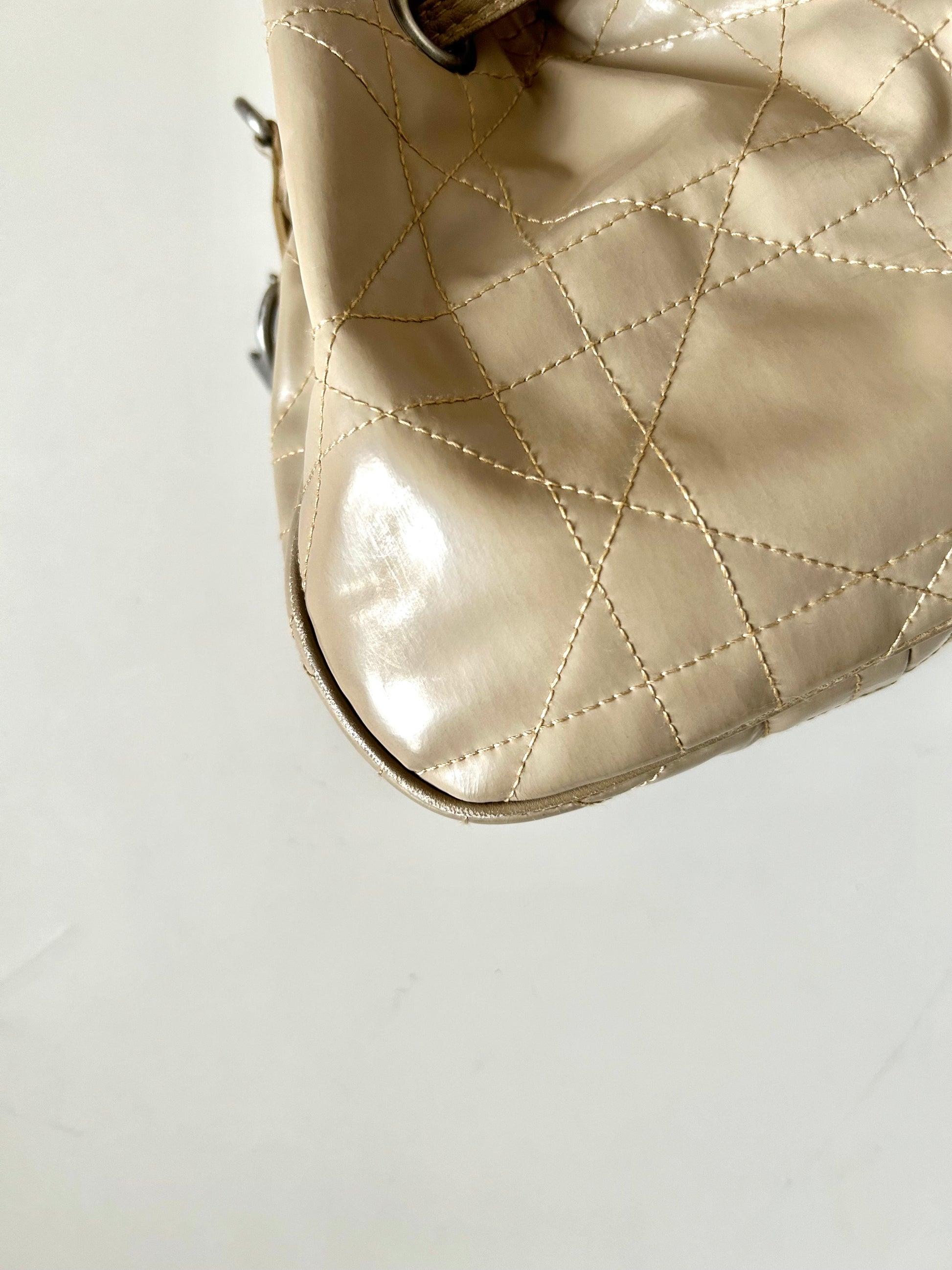 CHRISTIAN DOR beige leather silver buckle drawstring small bucket bag / side backpack / shoulder bag