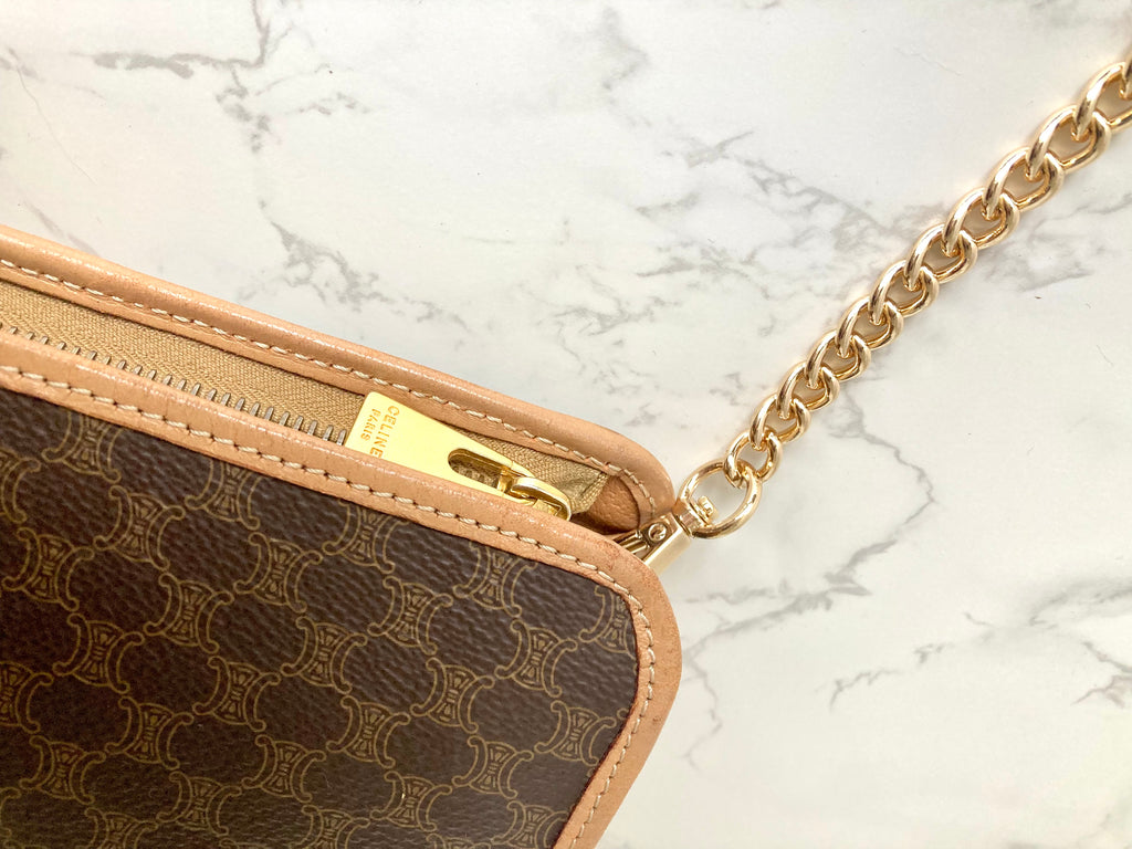 CELINE Brown Macadam Monogram Two-way Shoulder Bag / Pouch Chain Bag