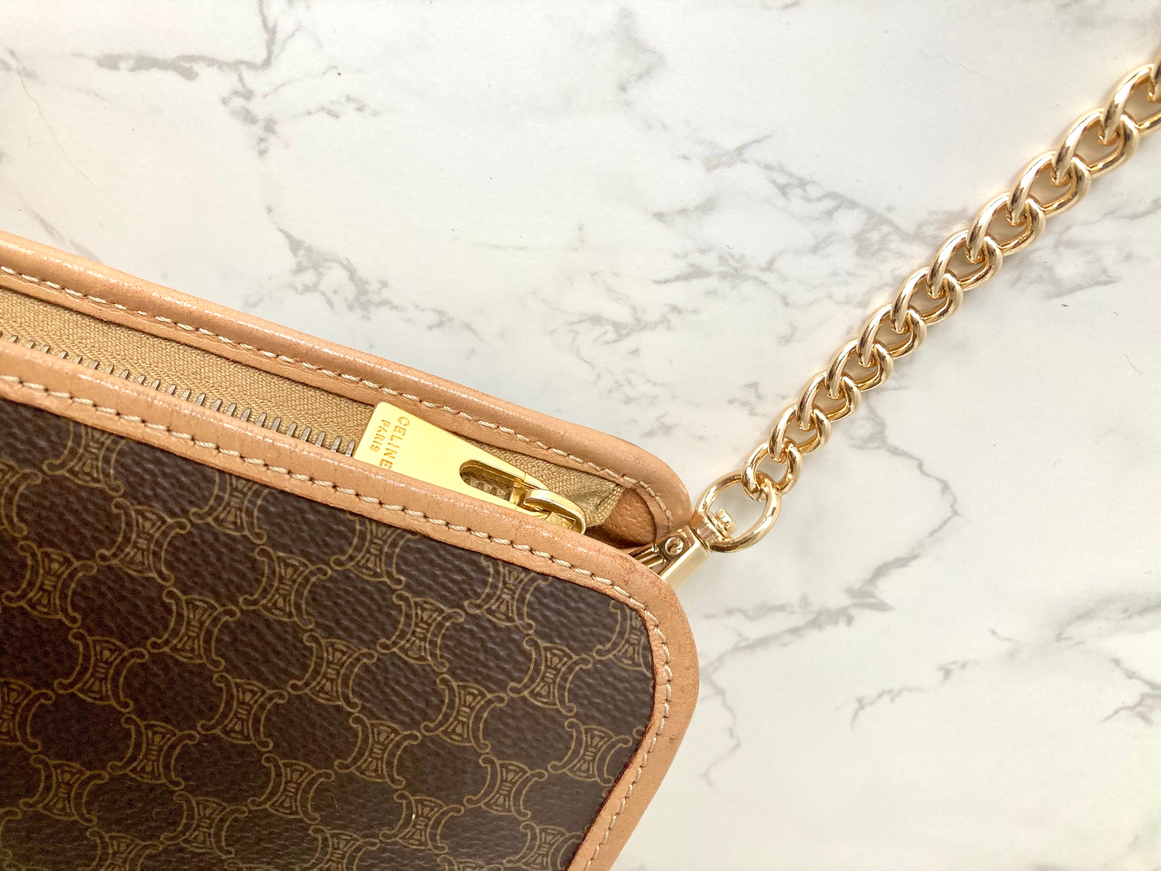 CELINE Brown Macadam Monogram Two-way Shoulder Bag / Pouch Chain Bag