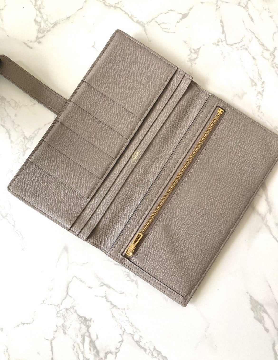 HERMES Bearn Elephant Grey Gold Buckle Epsom Leather Long Wallet/Wallet/Purse