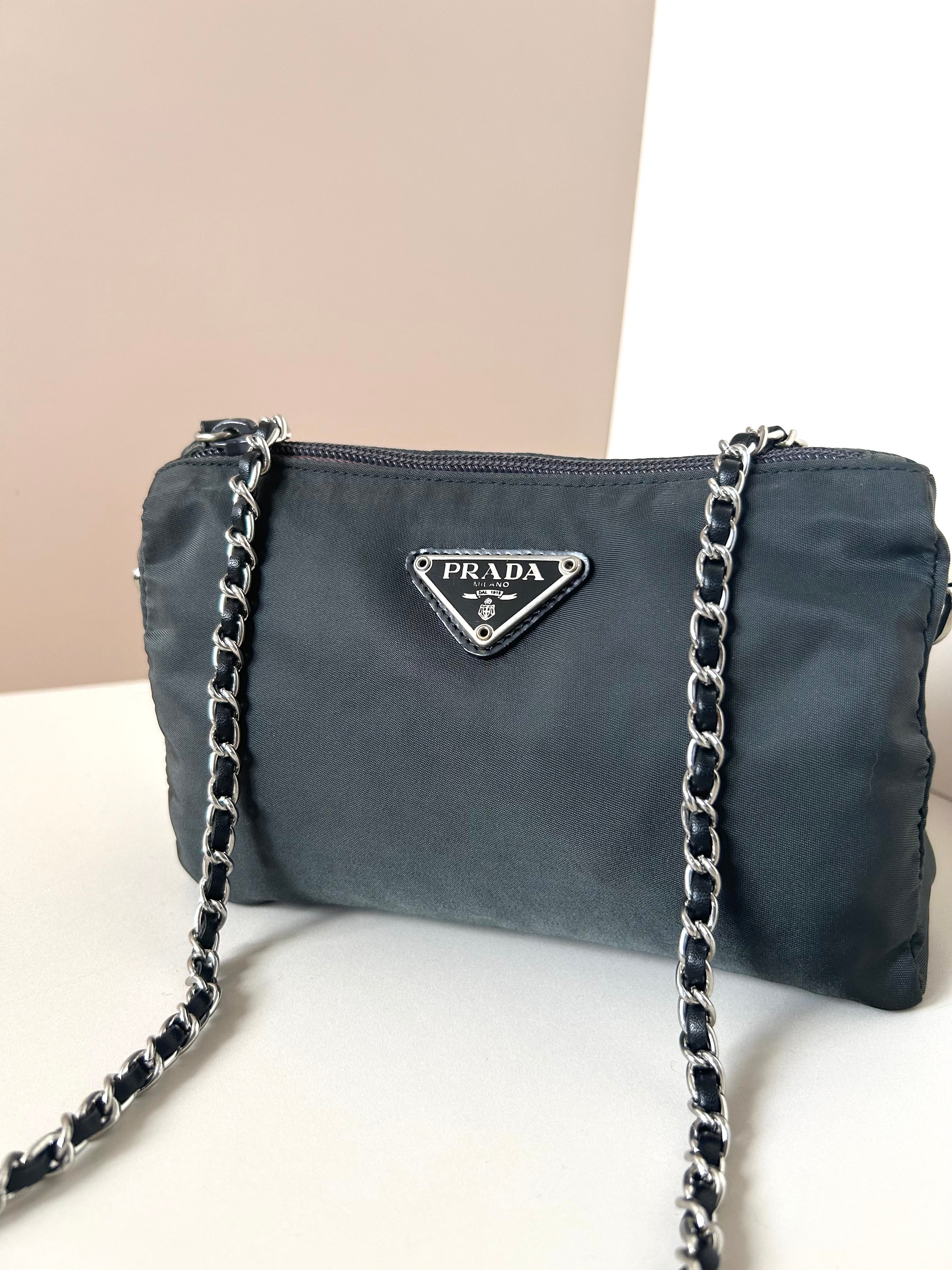 PRADA parachute black chain small bag/shoulder bag/side backpack