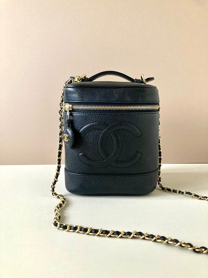 CHANEL Rare Vertical Black Caviar Leather Vanity Box/Side Bag/Messenger Bag/Clutch