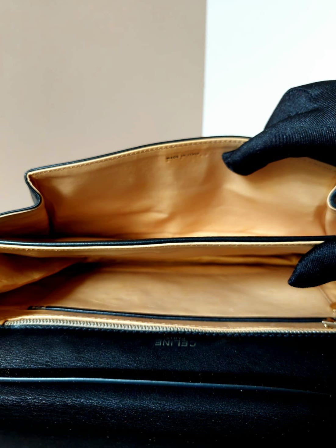 CELINE black leather gold Arc de Triomphe buckle envelope small bag / side bag / oblique bag 