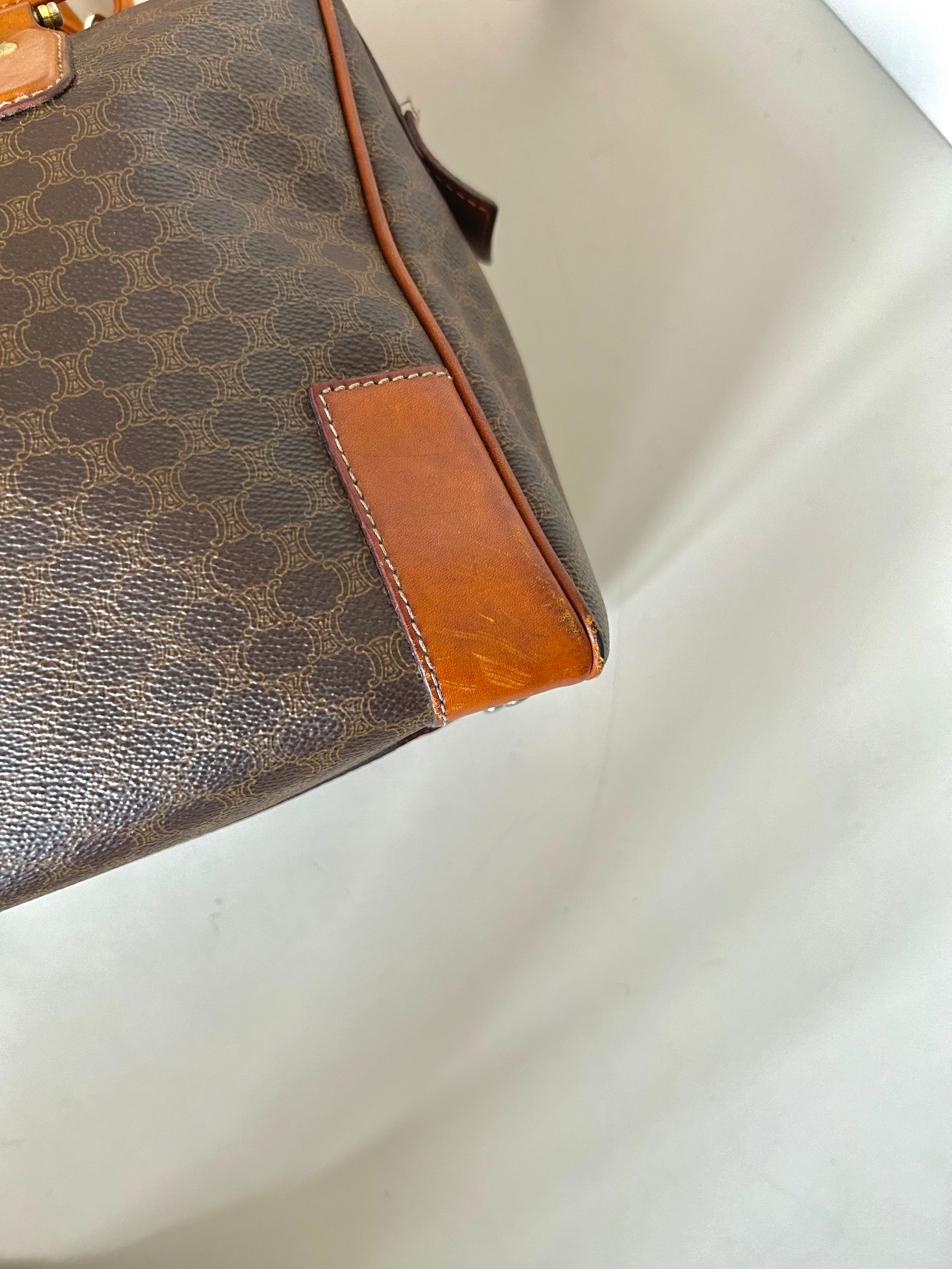 CELINE brown old flower leather Boston bucket bag/handbag/side bag/crossbody bag
