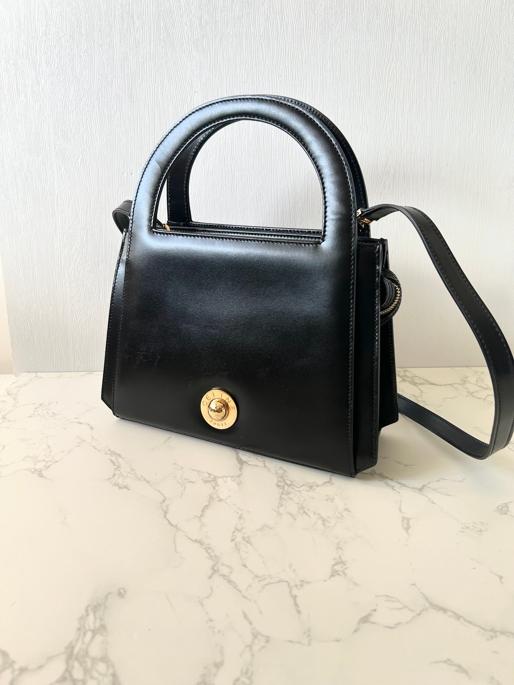 CELINE Rare Planet Black Gold Leather Kelly Handbag/Side Bag/Messenger Bag