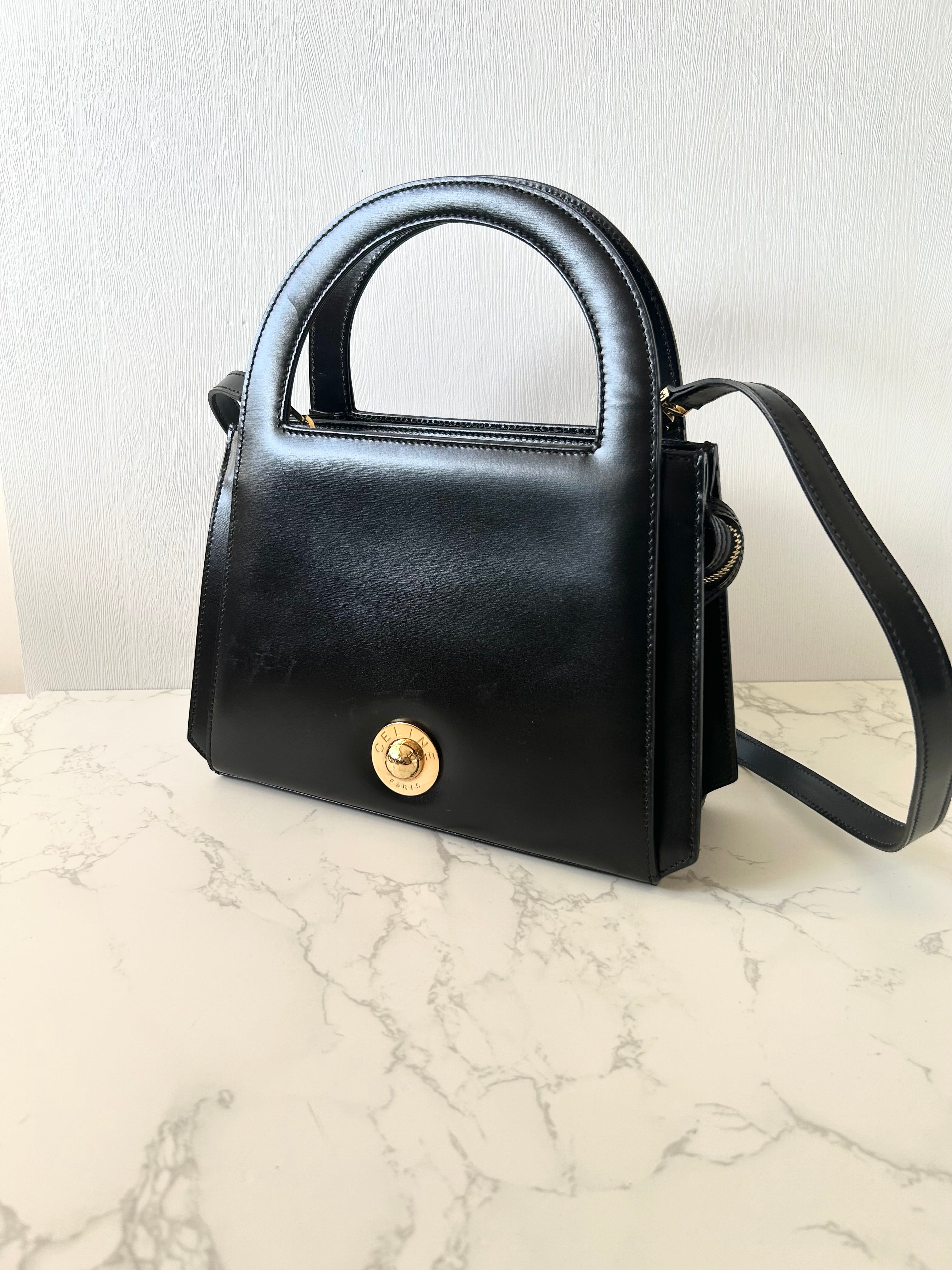 CELINE Rare Planet Black Gold Leather Kelly Handbag/Side Bag/Messenger Bag