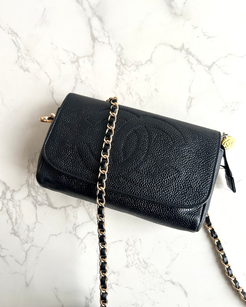 Chanel連鏡子黑金魚子醬皮革包 側背包 斜背包 中古包