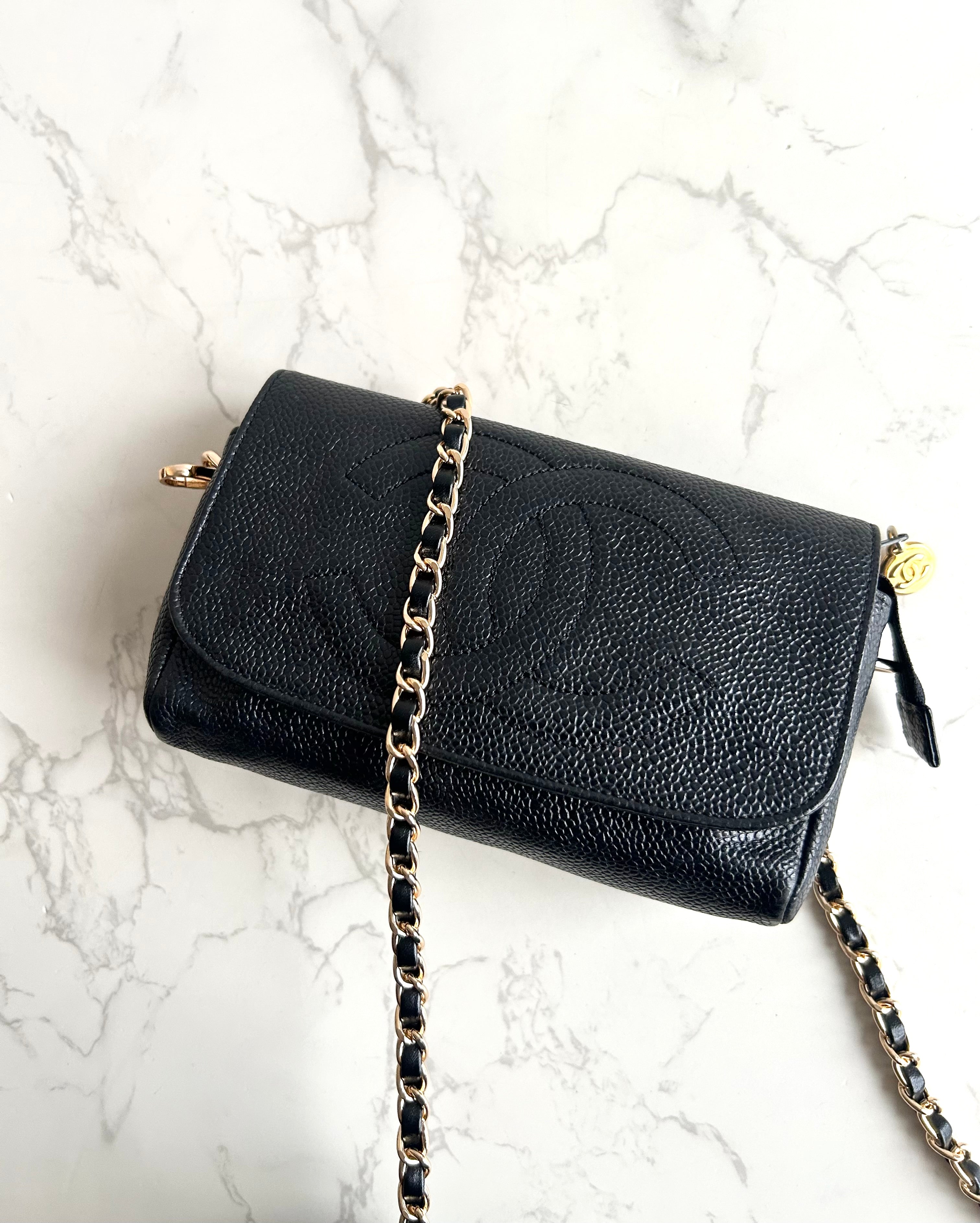 Chanel連鏡子黑金魚子醬皮革包 側背包 斜背包 中古包