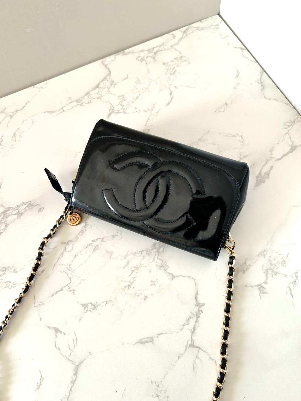 CHANEL Rare Black Patent Leather WOC with Mirror / Side Bag / Crossbody Bag