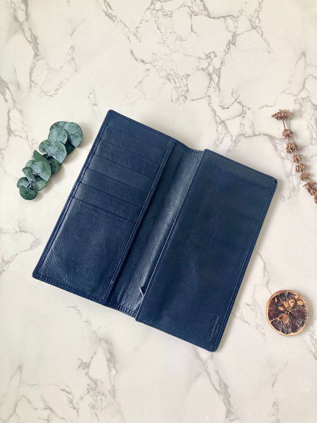 CHRISTIAN DIOR Navy Blue x Gold Egg Leather Long Bi-fold Wallet