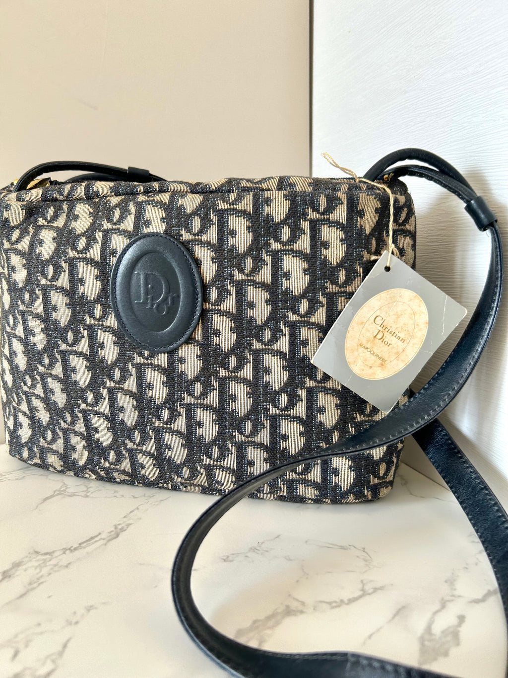 CHRISTIAN DIOR 稀有深藍色黑老花豆腐側背包