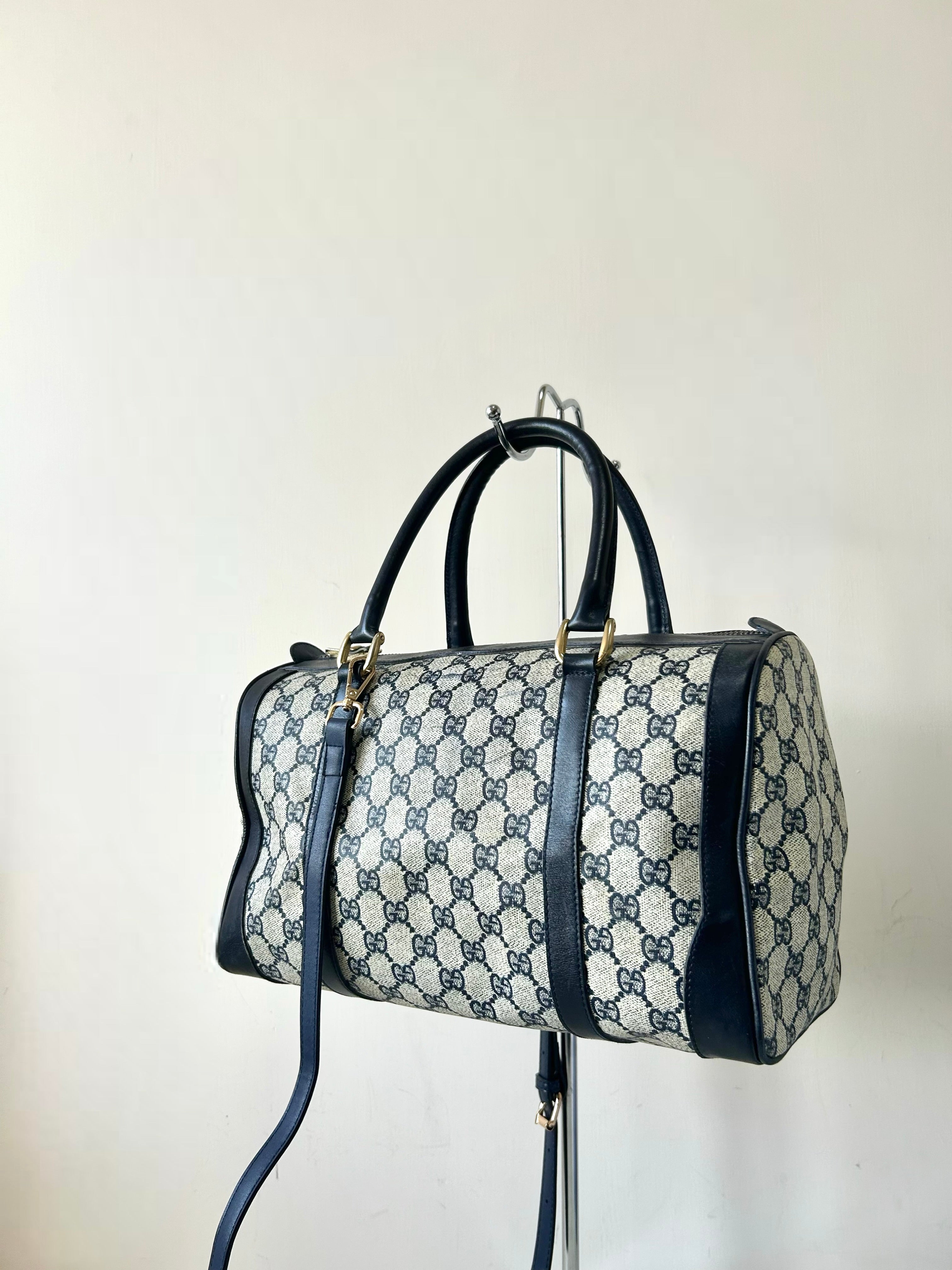 GUCCI rare blue and black old flower leather Boston bag / side bag / oblique bag