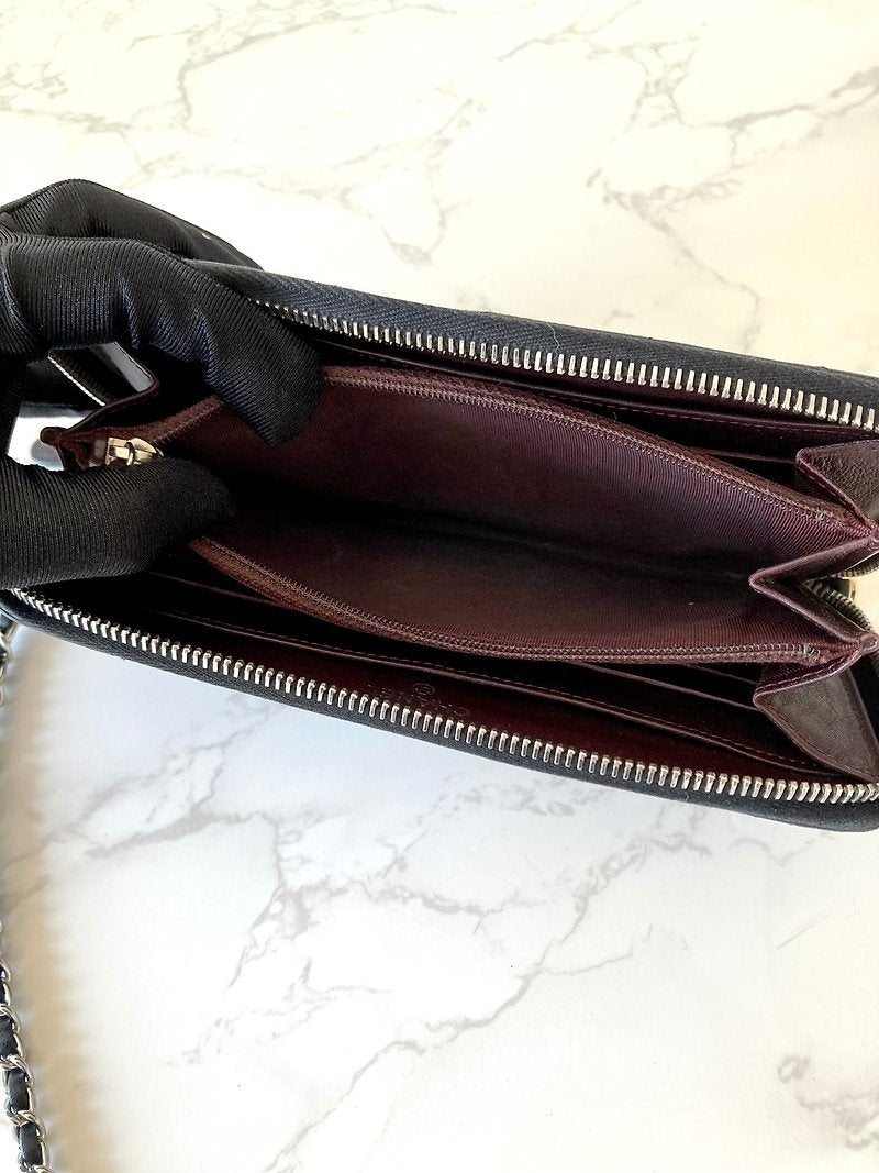 CHANEL Black Silver Caviar Leather Zipper Side Bag/Slant Bag/Long Clip/Wallet - Japanese Second-hand Vintage